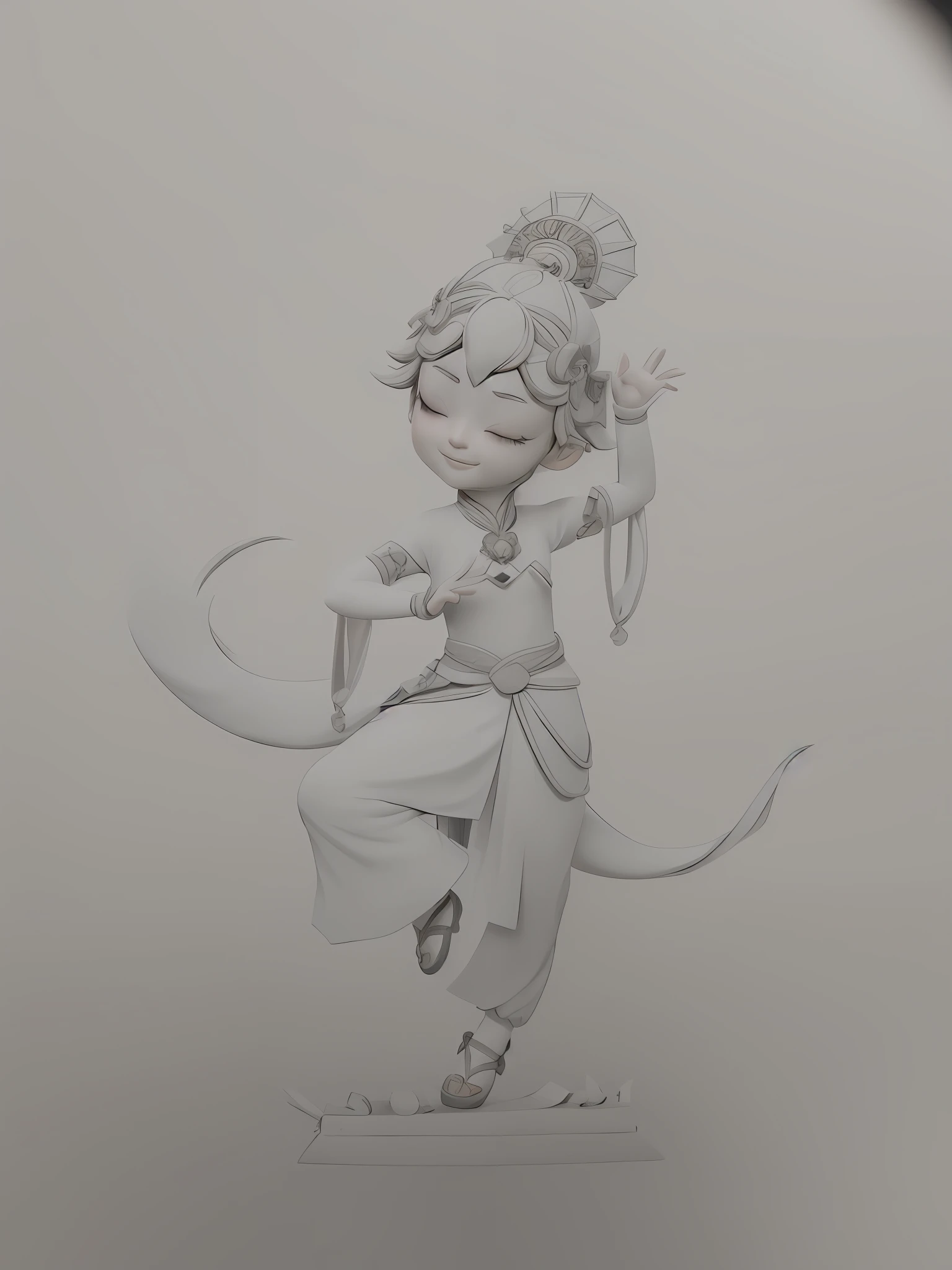 A girl in a costume, character design, character concept design, Character drawing, character posing, character posing for concept art, character is in her natural pose, official fanart, 3D girl,dunhuang,Dunhuang costumes,traditionalcostumes,Dance movements,eye closeds,chromatically,simplebackground,Colored screen,Colorful costumes,ssmile,Both eyes close,Figures,Orchid finger,3D modeling,Modeling,Relaxed expression,Costume coloring