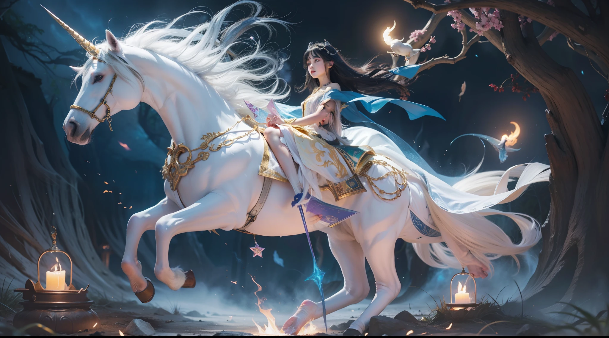 Magic Book,Blood,Night, Dark, (Fantasy),infinite,deep blue sky,The abyss of knowledge,Cowledge,((masutepiece)), (((Best Quality))),((Beautiful fine eyes)),(Eye lashes)、Very beautiful face、Beautiful girl riding white unicorn、(1人)、Black hair、The long-haired、abyss eyes、glowy skin、oils、small tits、Perfect human body structure、Wizard robes、tattered cloth、Realistic coat、Tee、Super delicate CG Unity 32k wallpaper、masterpiece, ((ultra-detailliert)), ((illustratio)),colourfull,wall-paper,The energy,Unknown terror,Incomprehensible,Around the magic,Magical surroundings,magic wands,Boken,Flying pages,Know everything,Predict the future、Get to know the past、Infinite wisdom、blue flames、Warlock、magic circles、Pentagram、Spells、mantra、Singing magic