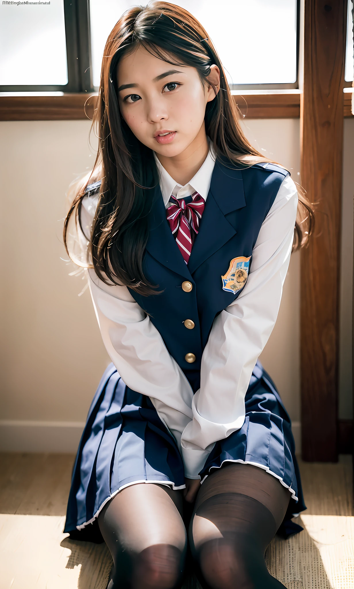 arafed asian woman in uniform sitting on the floor in front of a window, girl in uniform, in school uniform, in school uniform, japanese girl school uniform, JK school uniform, cute female student, wearing a Japanese school uniform, seifuku, Japanese school uniform, Magical school student uniform, female student, dressed as schoolgirl, portrait of high school girl