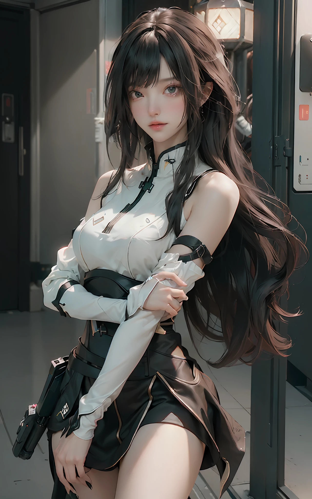 ((top-quality)), ((​masterpiece)), (detaileds:1.4), 3D, Beautiful Cyberpunk Woman Image,Futuristic skirt type,Highly detailed long hair,Brown hair,nffsw(HighDynamicRange),Ray traching,NVIDIA RTX,Hyper-Resolution,Unreal 5,Sub-surface scattering,PBR Texturing,Postprocess,Anisotropy Filtering,depth of fields,Maximum clarity and sharpness,multi-layer texture,Albedo and specular maps,Surface Shading,Accurate simulation of light-material interactions,perfectly proportions,Octane Rendering,Two-tone lighting,Wide aperture,Low ISO、White Balance、thirds rule、8K Raw、Possession of weapons、