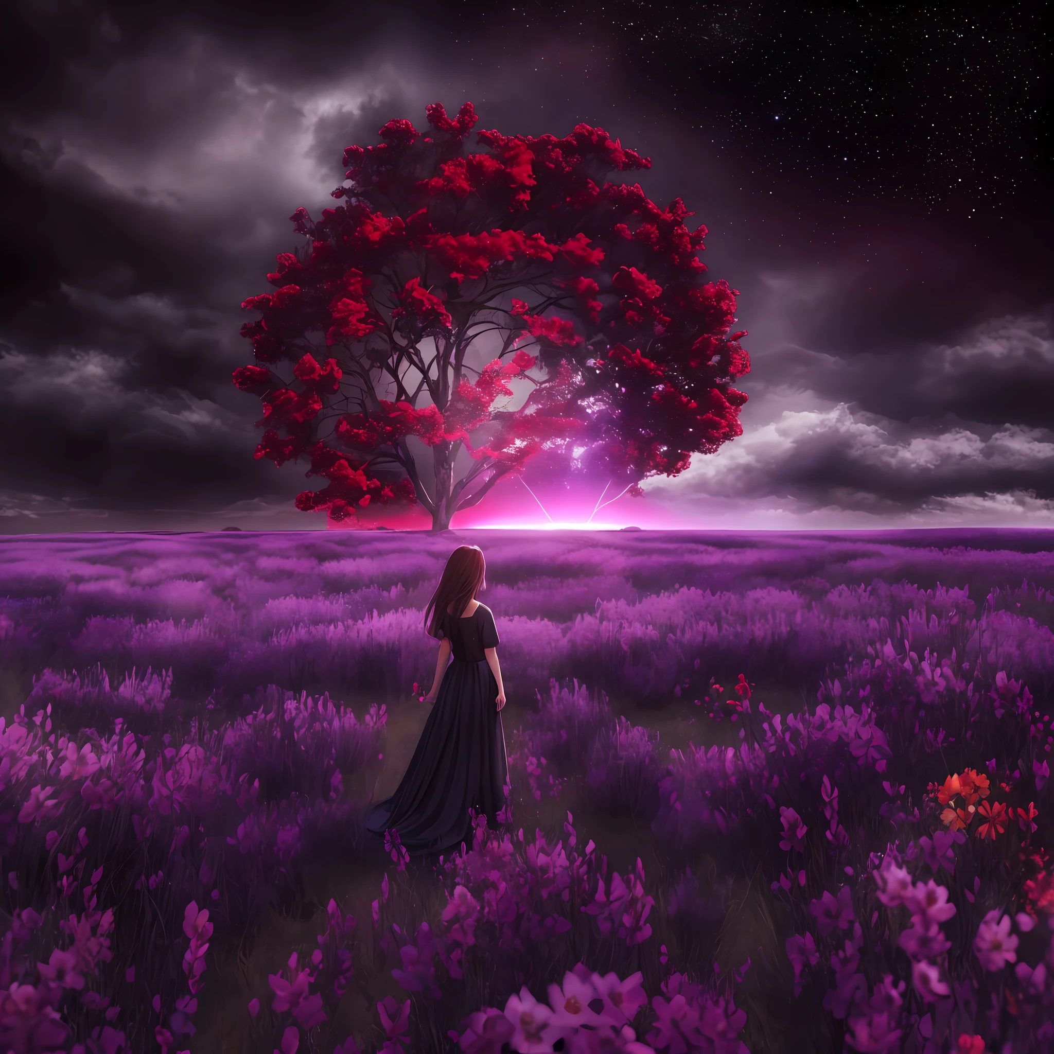 Expassive landscape photography, Perspective from the dream, punto de fuga en eclipse solar, colores rojos y negros, obra maestra, mejor calidad, chica en medio de un campo de flores, magia de sangre, cielo estrellado, colores saturados.