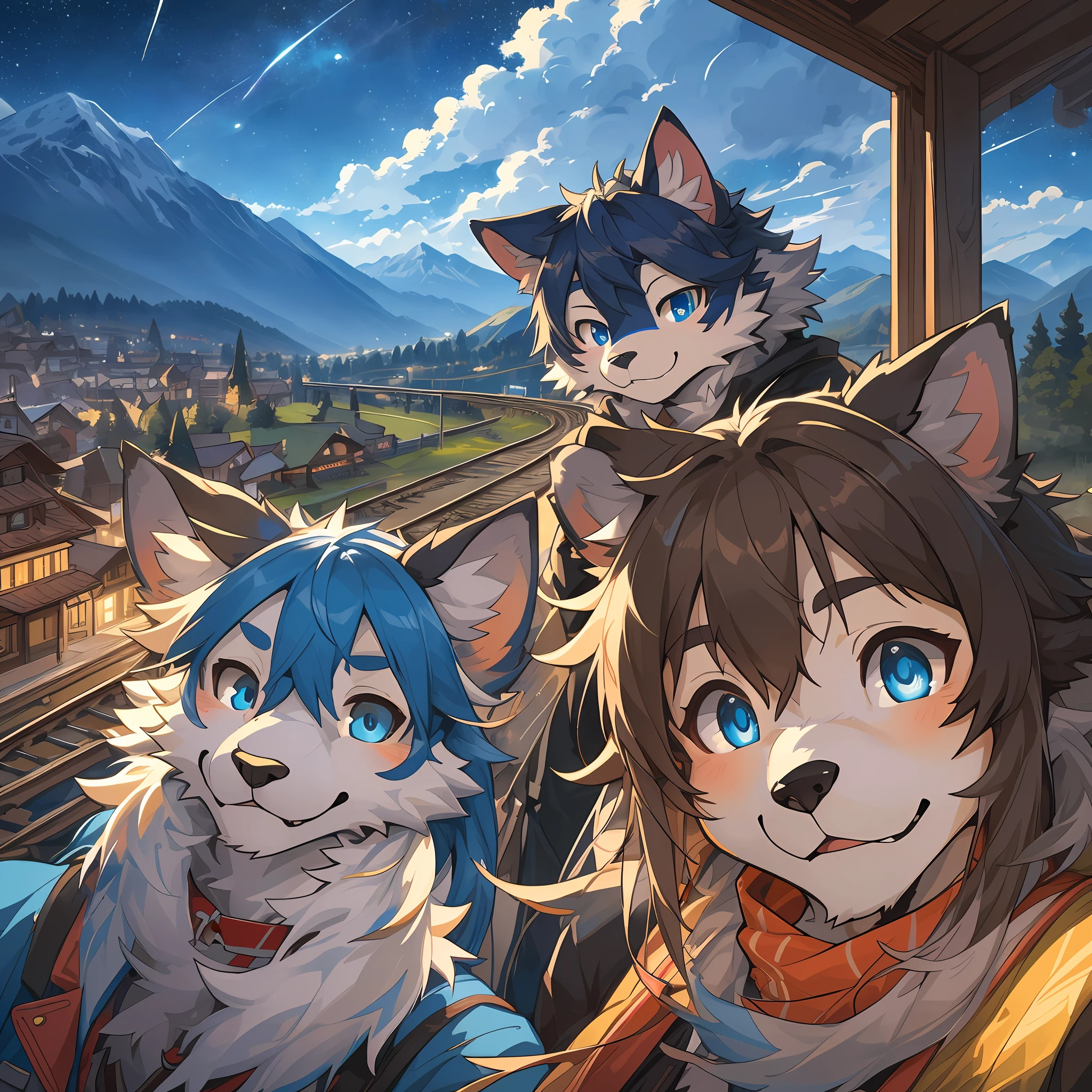 top quality, best quality, High-quality illustrations, masterpiece, super high resolution, detailed background, detailed background, Mountain railways in Switzerland, group shot, 6+boys, 6+girls, night sky, absurdres(highly detailed beautiful face and eyes)perfect anatomy(Photo of family trip)(kemono, furry anthro)selfie,