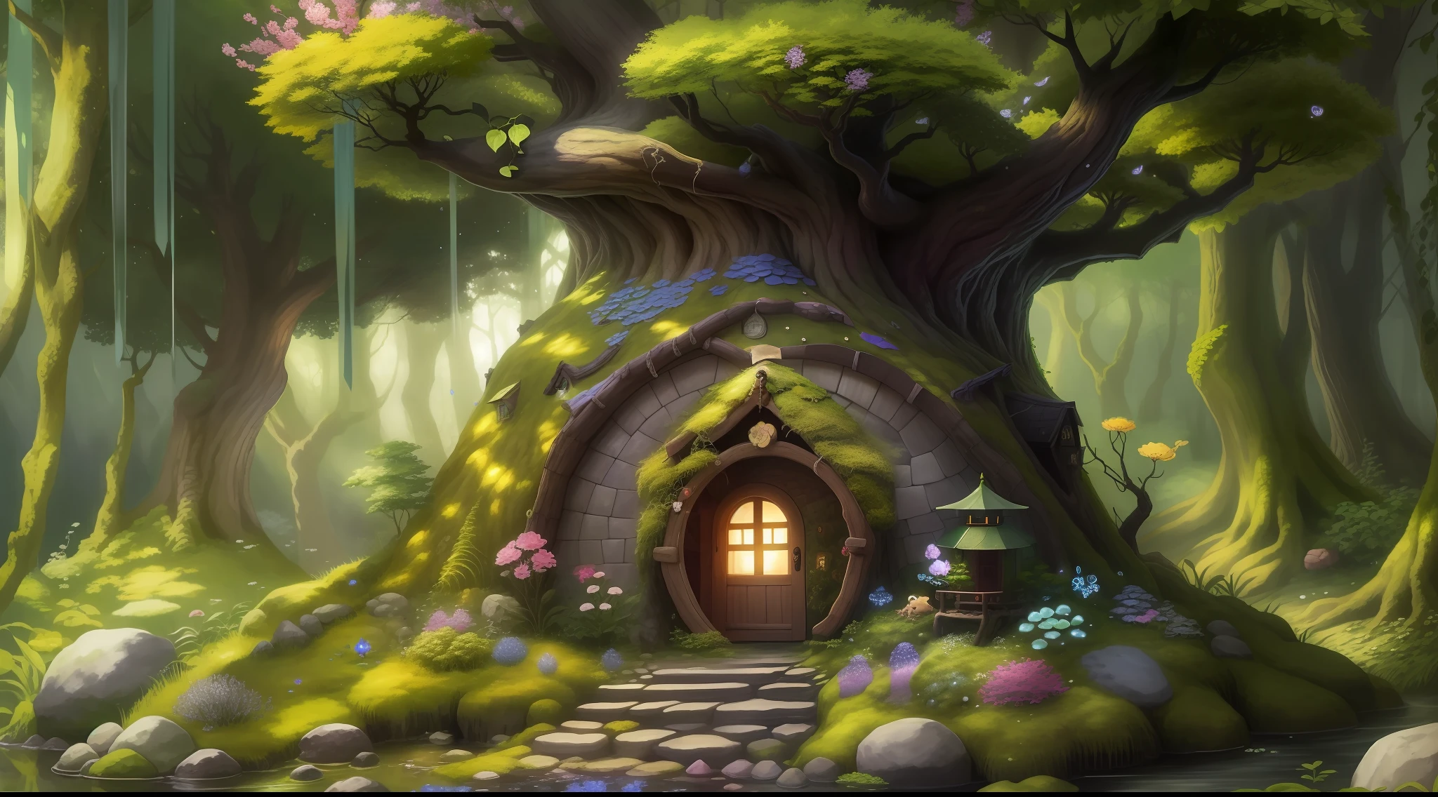 The tree々Hide in between、Located in a shining little glade, The fairy house is made of stones and leaves.、It features a beautiful design in harmony with nature。The roof is decorated with green or gold moss、Integration with surroundings。The house has delicate windows and doors.、finely chopped。Inside there are shining crystals and small grains of light.、Fairy magic atmosphere prevails。Magic flowers around々Yagi々Blooming、Strange and beautiful creatures are happily playing。"