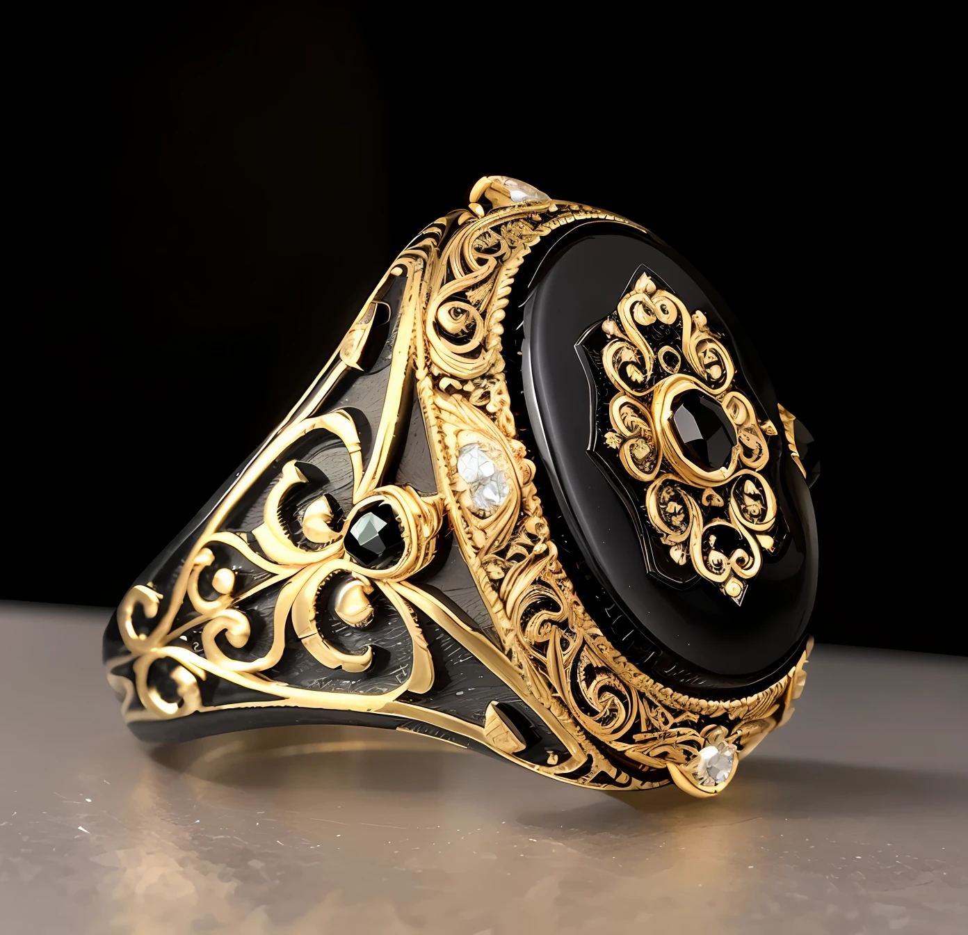 A close-up of a ring,Inside there is a piece of black onyx, carbon black and antique gold, detailed jewelry, black and gold rich color, beautiful detailed elegant, Vintage rings, black jewelry, detailed jewellery, ornate jewelry, ring, gold and steel intricate, beautiful craftsmanship, black jewelry