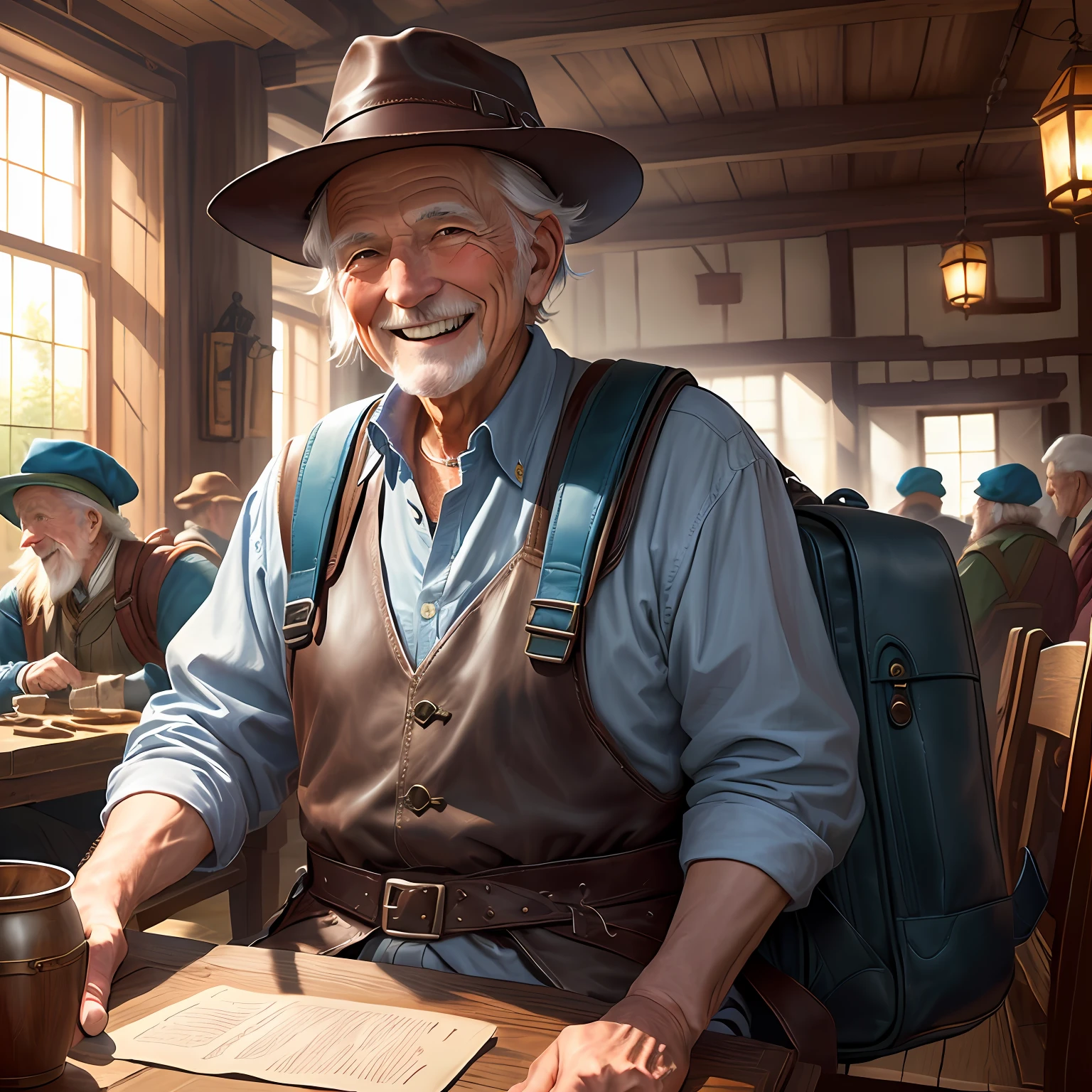 White old man, with a big leather backpack, and a pointy blue hat, smiling at a tavern table, RPG, Fantasy