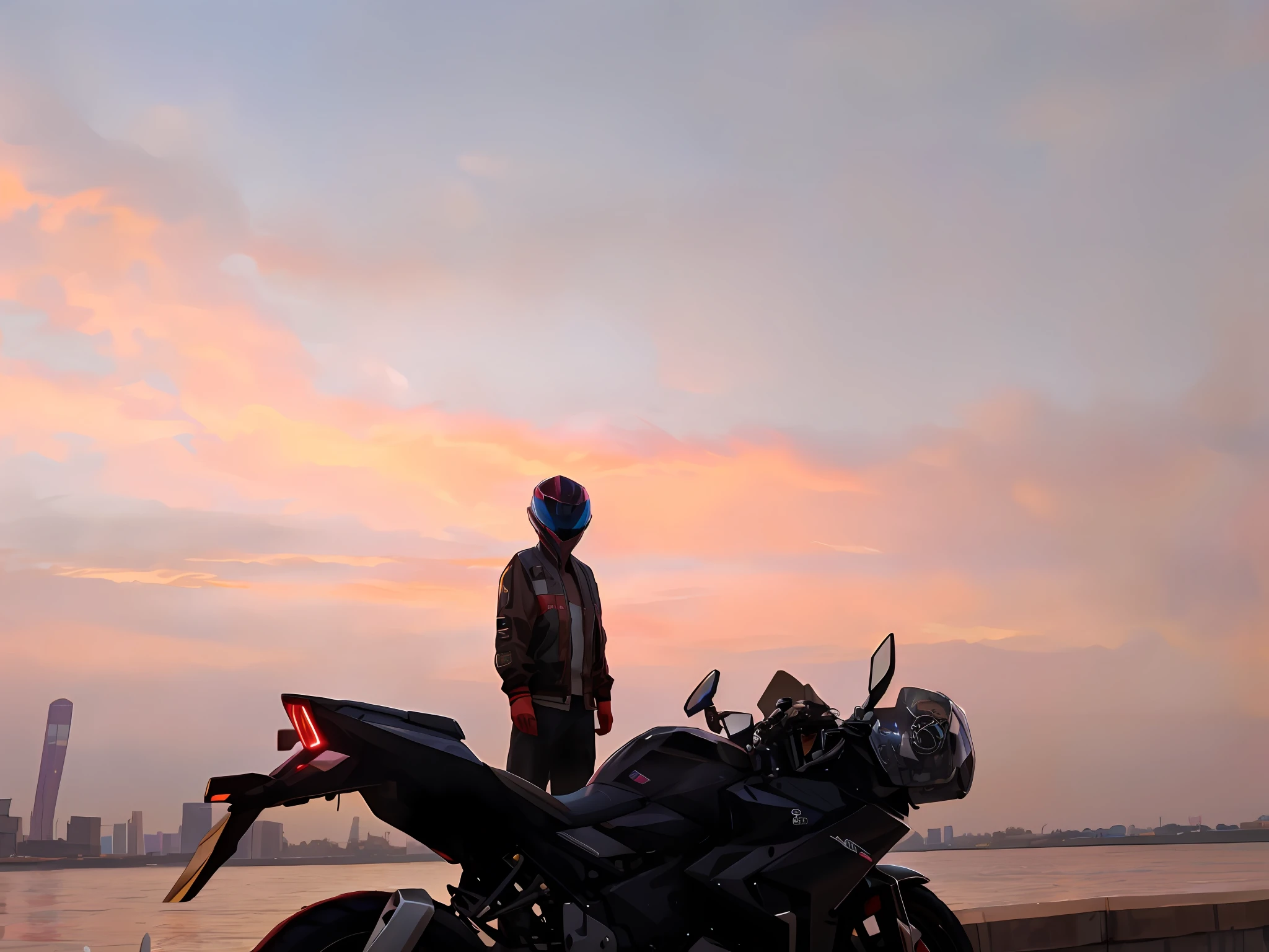 There is a man standing next to a motorcycle by the water, With sunset, with a sunset, In the sunset, At sunrise, Sunset!!!, at the sunset, taken with the best dlsr camera, at a beautiful sunset, Morning sunrise, vibrant sky, Sunset in the background, sunsettime, watching the sunset, lonely rider, Bring a helmet