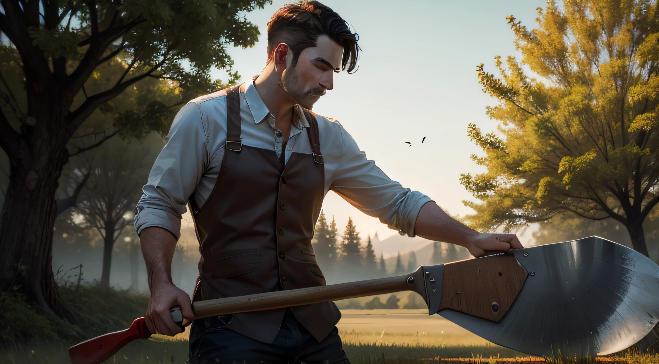 a man chopping an apple tree with an ax