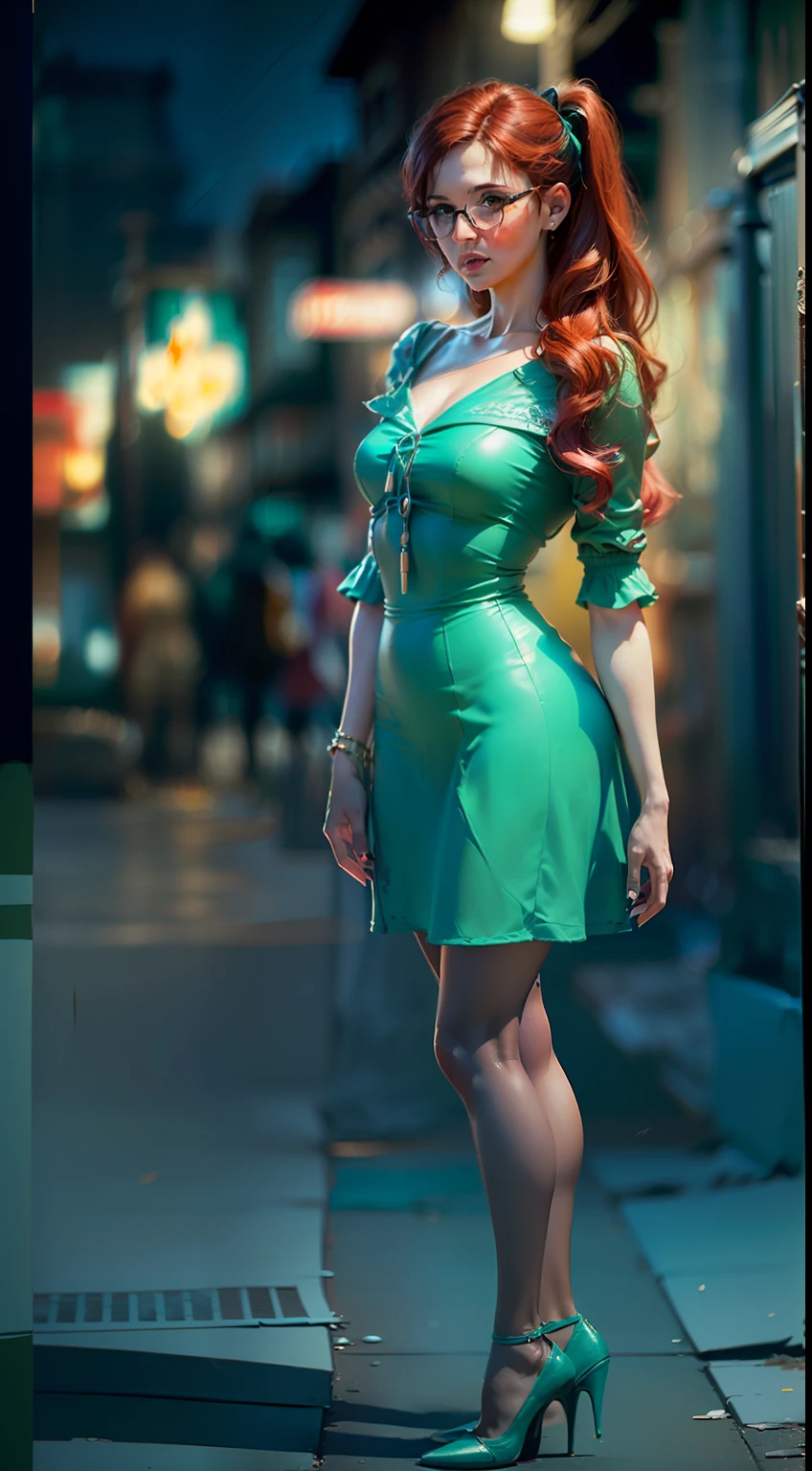 (
(Character: one irish woman, (40 years old), red hair, ponytail hair)
(Clothing: cyan vintage dress, pantyhose, glasses, hight heels)
(Pose: full body shot:1.7)
(Posing against a city street at night)
(Abstract colors, texture, film grain, analog style, cinematic movie still frame, green color scheme)
(Style: ((masterpiece:1.5)), (face detailed), photo-realistic:1.3, hyperrealistic, film grain, realistic lighting, backlighting:1.3)
)