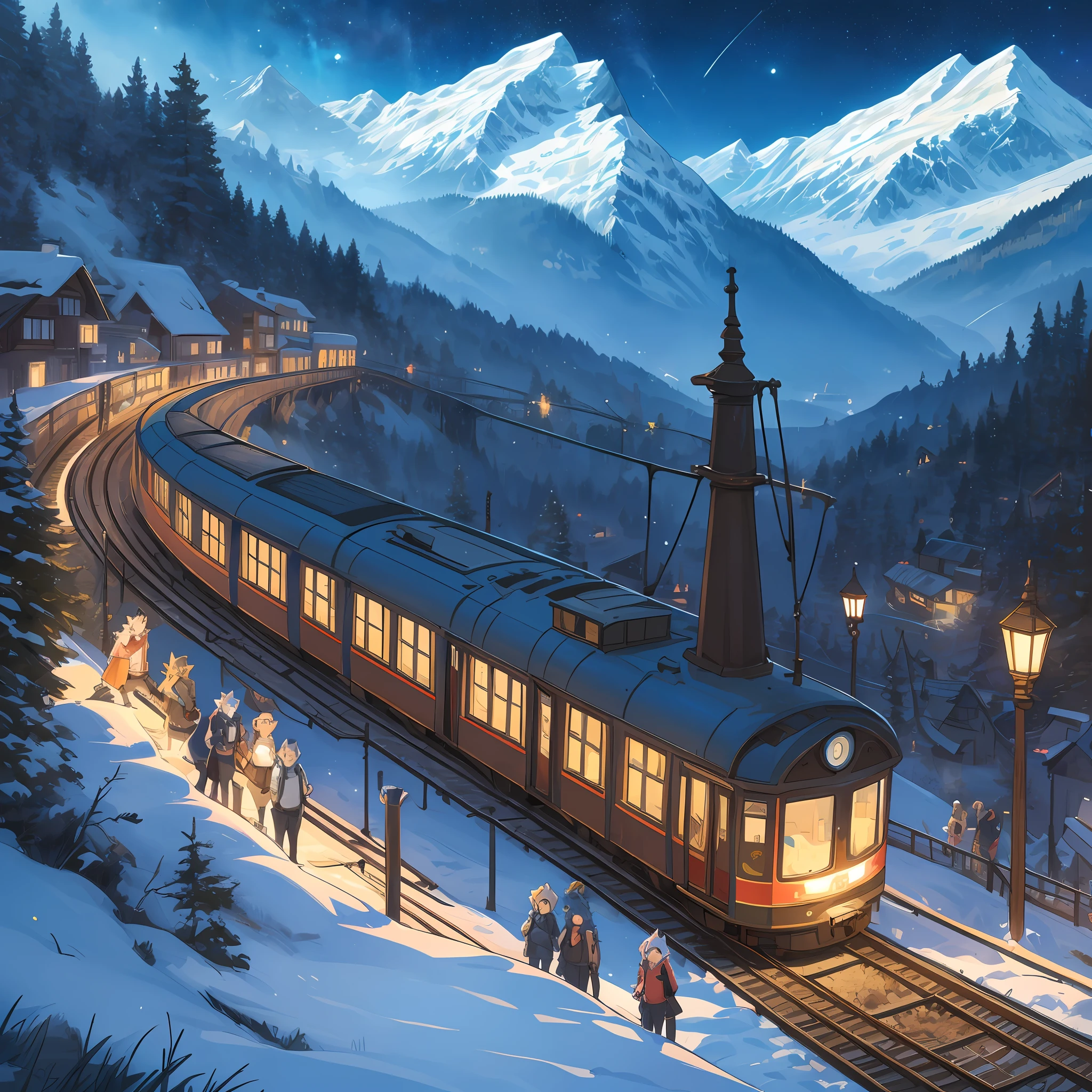top quality, best quality, High-quality illustrations, masterpiece, super high resolution, detailed background, detailed background, Mountain railways in Switzerland, group shot, 6+boys, 6+girls, night sky, absurdres(highly detailed beautiful face and eyes)perfect anatomy(Photo of family trip)(kemono, furry anthro)selfie,