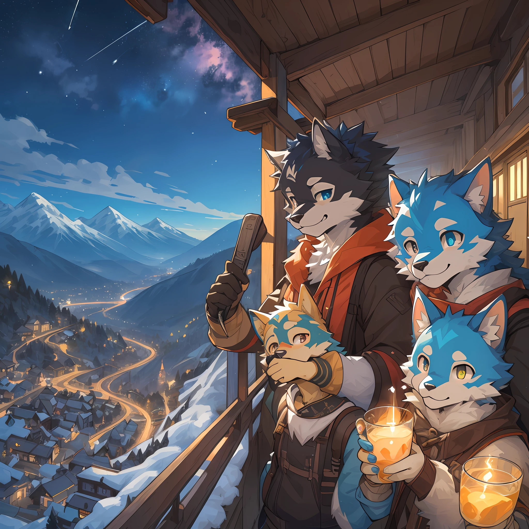 top quality, best quality, High-quality illustrations, masterpiece, super high resolution, detailed background, detailed background, Mountain railways in Switzerland, group shot, 6+boys, 6+girls, night sky, absurdres(highly detailed beautiful face and eyes)perfect anatomy(Photo of family trip)(kemono, furry anthro)selfie,