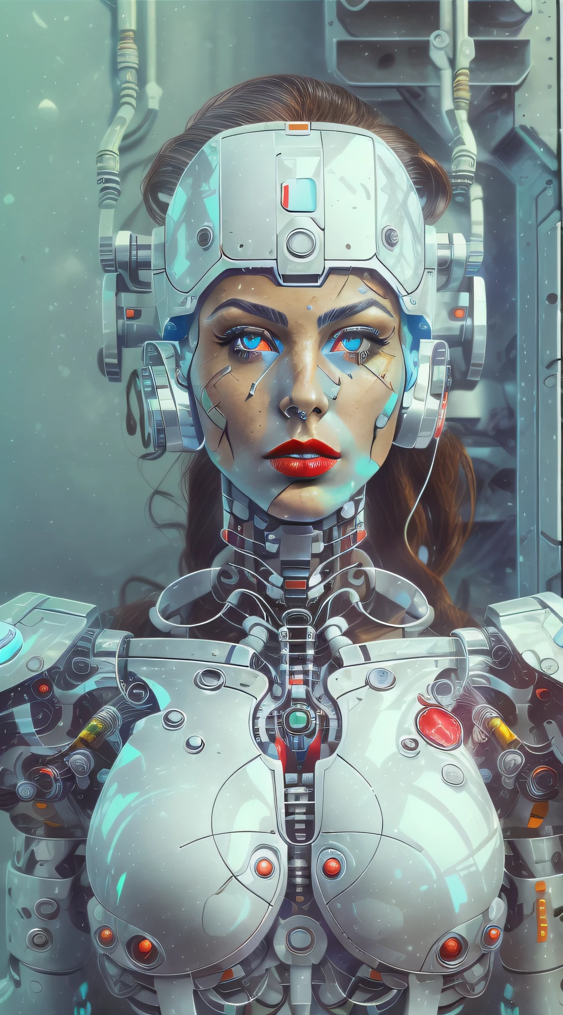 Araffed Cyborg with super detailed pieces of white plastic in very high resolution with red lipstick and light blue eyes