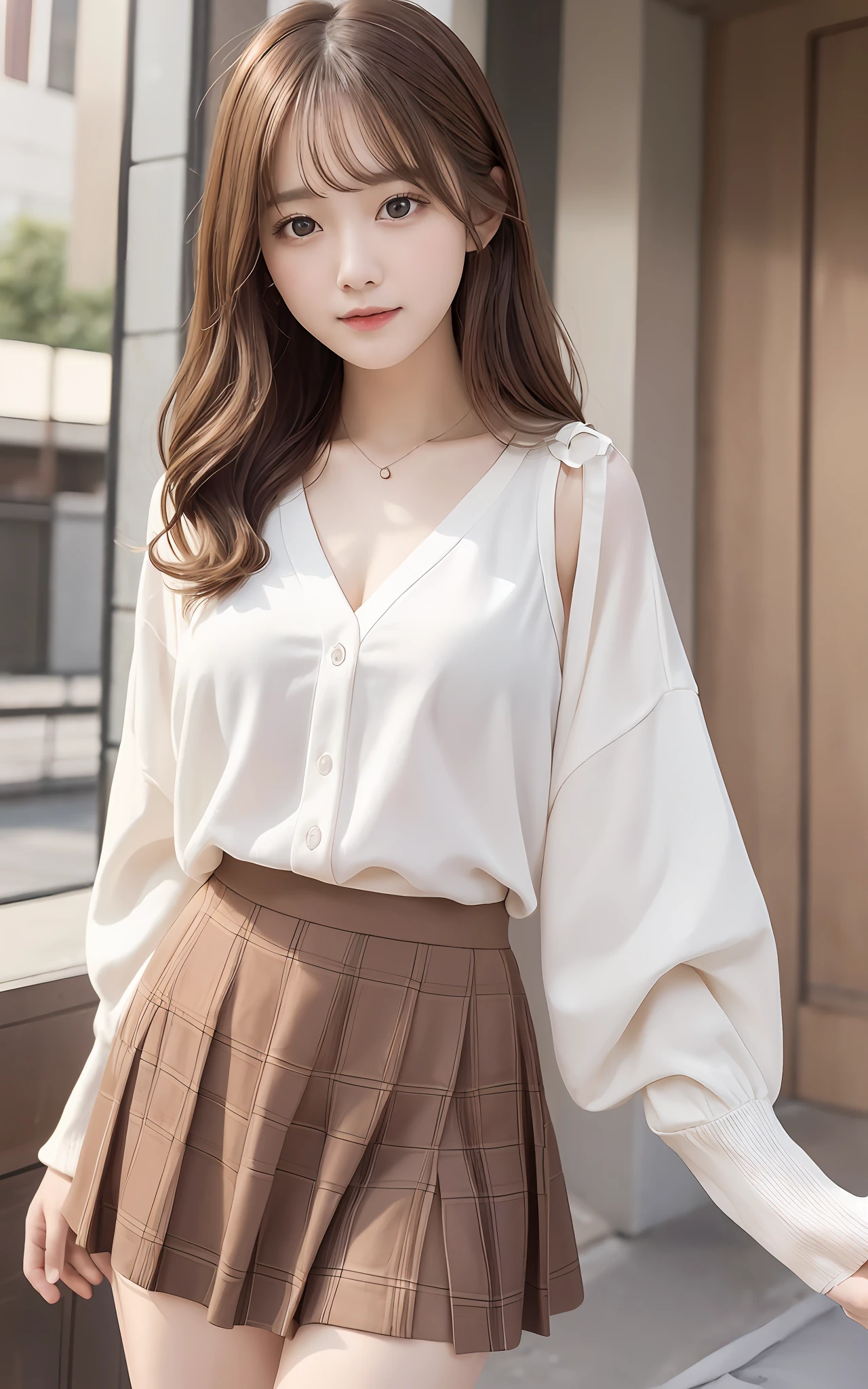​masterpiece、top-quality、Official art、Highly detailed CG Unity 8K wallpapers、Like a schoolgirl、a very delicate and beautiful、超A high resolution、（Photorealsitic：1.4）、Golden Hour Lighting、（The upper part of the body）、（Platinum Shorthair：0.8）、（Puffy eyes）、looking at the viewers、facing the front there、Laughing、JK Skirt、robe blanche、skirt rift、bangss、brown hair with wavy tips、