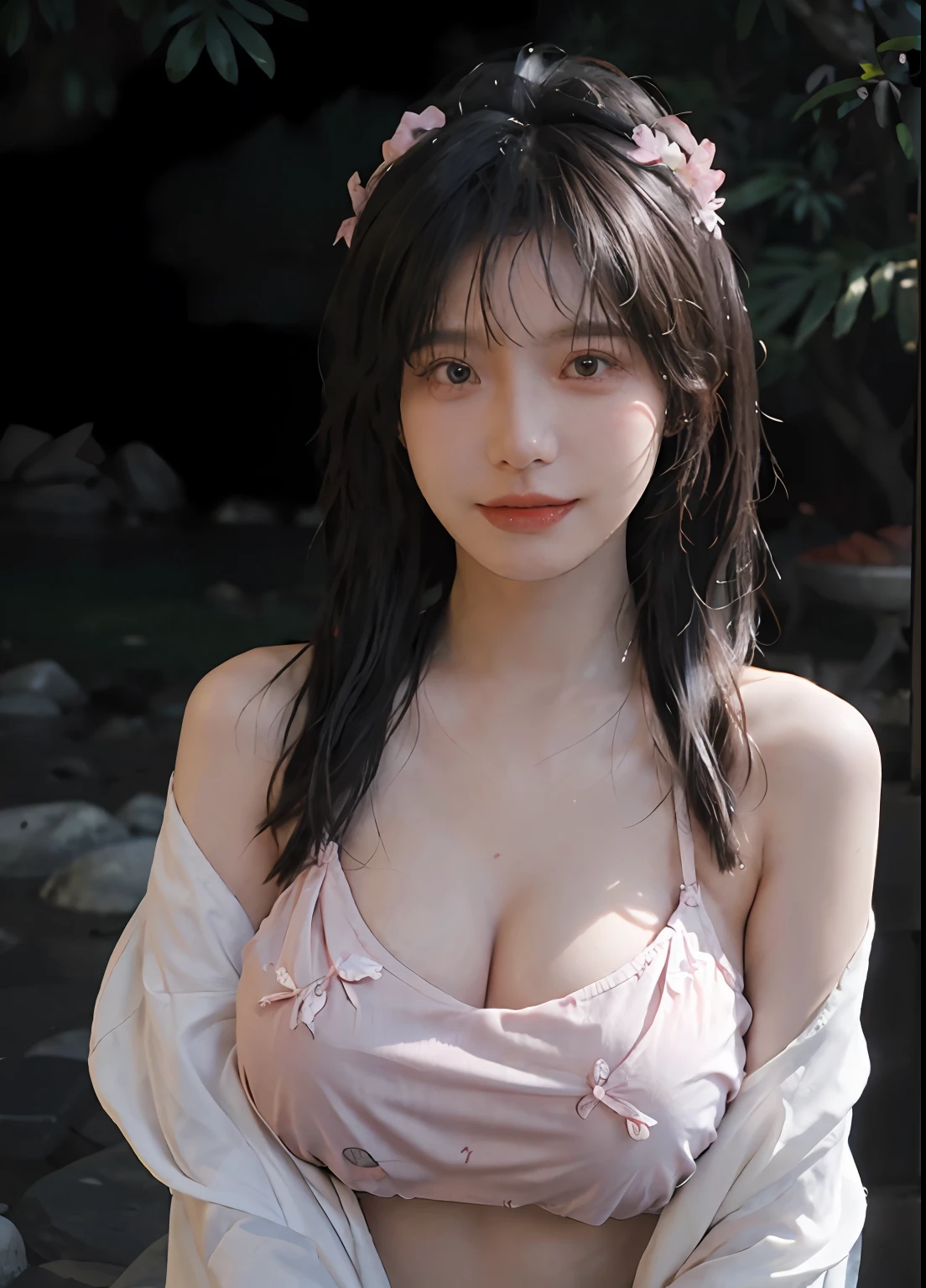 best qualtiy, 超高分辨率, (realisticlying:1.4), one-girl, A pair of clear and moving peach blossom eyes,Royal Sister,(full bodyesbian:1.2)a sense of atmosphere,a beauty girl, ssmile,(huge tit:1.2),(full bodyesbian:1.2) looking at viewert, closeup cleavage ,Peach Blossom Forest,(Photorealistic:1.4),1girll,Sexy,(Bikini:1.2),(Bra:1.2),(Large of breast:1.3),(Upper body:1.4),(Seaside:1.4),(Wet body),(:1.2)