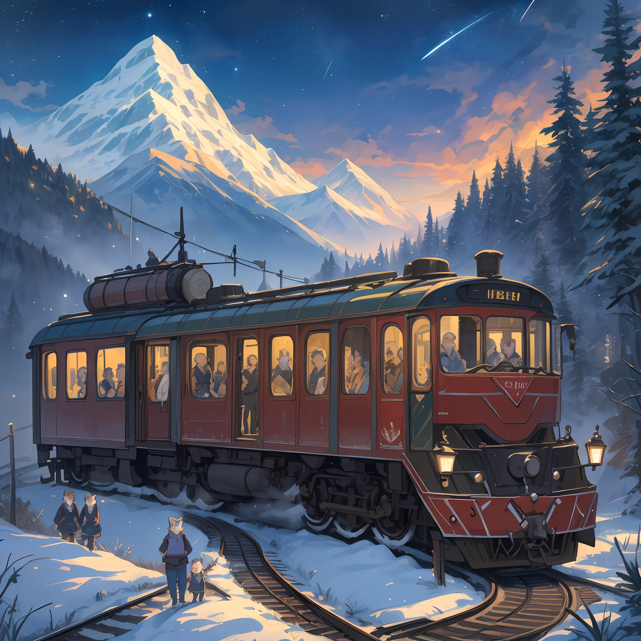 top quality, best quality, High-quality illustrations, masterpiece, super high resolution, detailed background, detailed background, Mountain railways in Switzerland, group shot, 6+boys, 6+girls, night sky, absurdres(highly detailed beautiful face and eyes)perfect anatomy(Photo of family trip)(kemono, furry anthro)selfie,