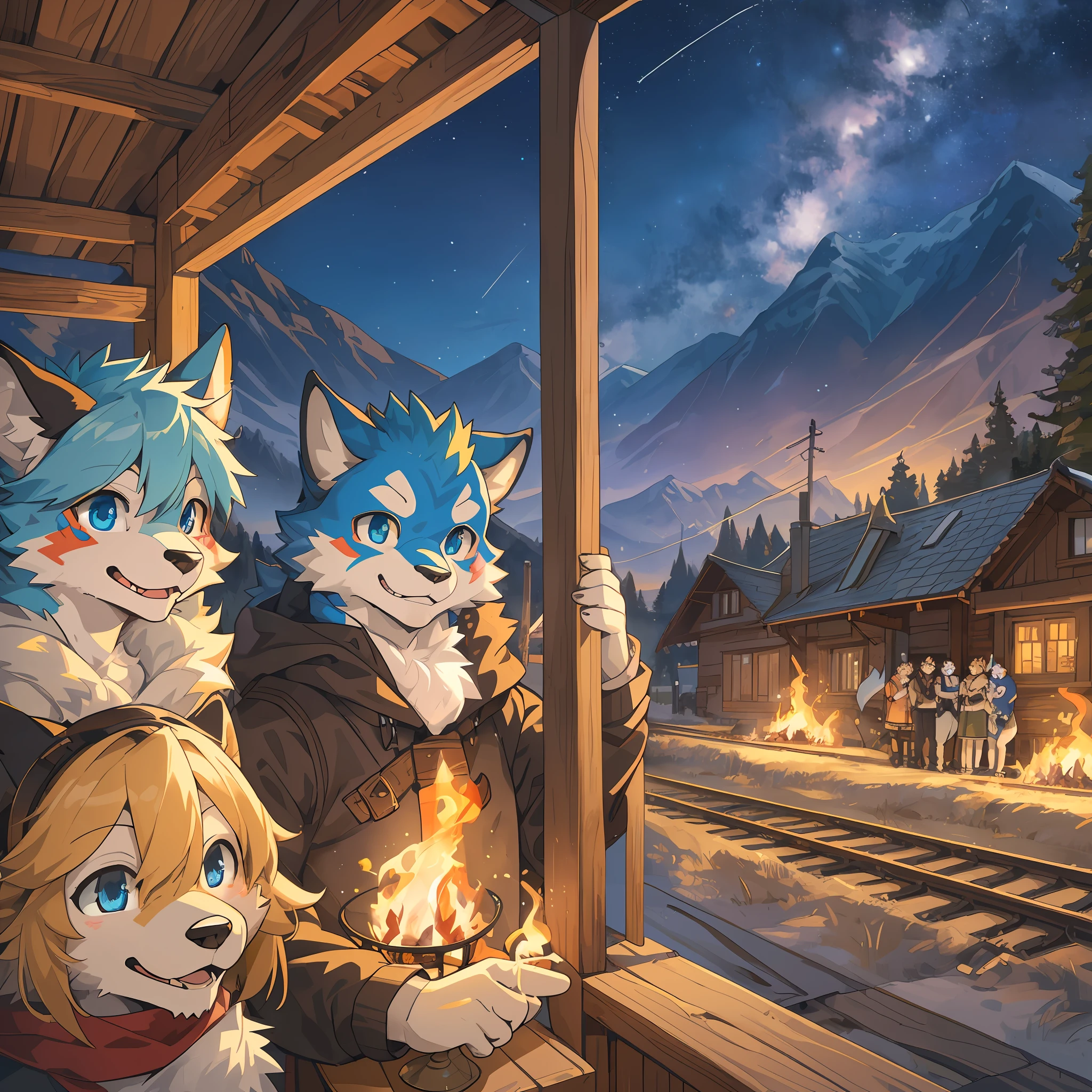 top quality, best quality, High-quality illustrations, masterpiece, super high resolution, detailed background, detailed background, Mountain railways in Switzerland, group shot, 6+boys, 6+girls, camp-fire, night sky, absurdres(highly detailed beautiful face and eyes)perfect anatomy(Photo of family trip)(kemono, furry anthro)selfie,