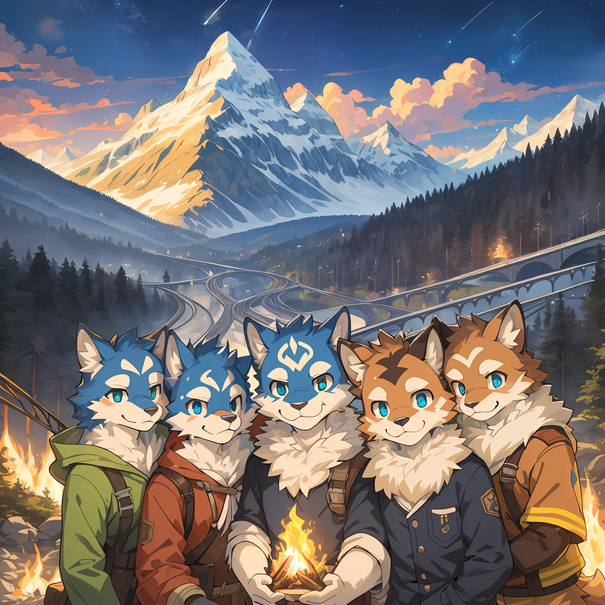 top quality, best quality, High-quality illustrations, masterpiece, super high resolution, detailed background, detailed background, Mountain railways in Switzerland, group shot, 6+boys, 6+girls, camp-fire, night sky, absurdres(highly detailed beautiful face and eyes)perfect anatomy(Photo of family trip)(kemono, furry anthro)selfie,