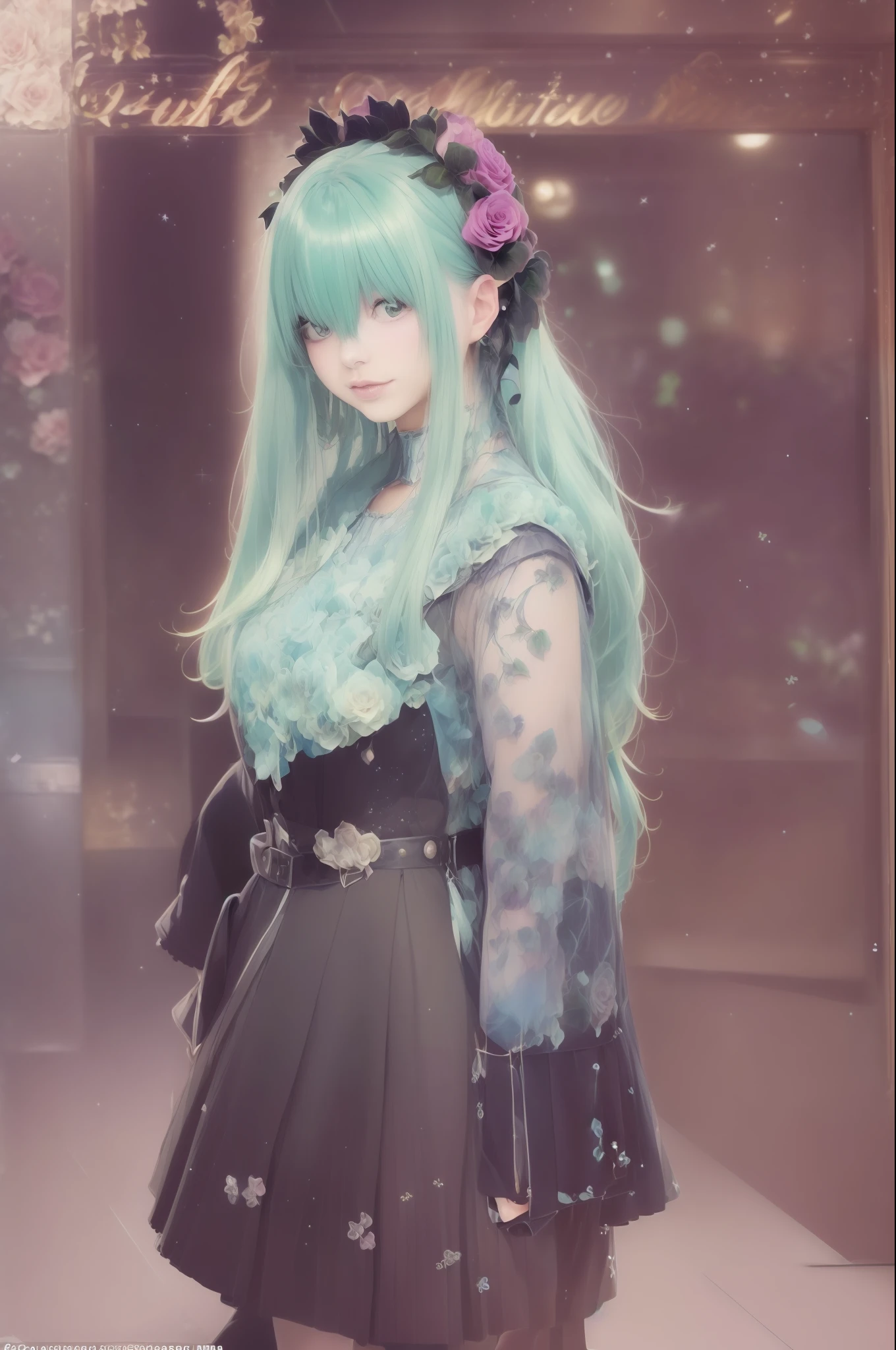Photographic poster of beautiful women, Sony α7, 35mm Lens, f1.8、((Konmutsuki_gacha_series1, punk_rosette))), cute girl, aqua color flowers, (full body), elegant flowers background, realistic photo, beautiful woman, Beautiful girl, beautiful background, charming girls, realistic 3d style, photo realistic render
