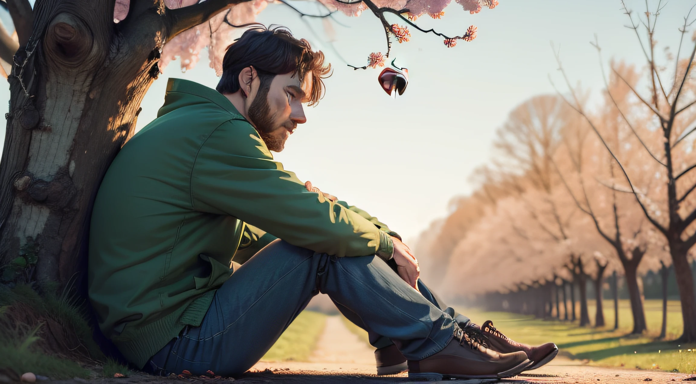 a sad 30 year old man sitting at the foot of an apple tree