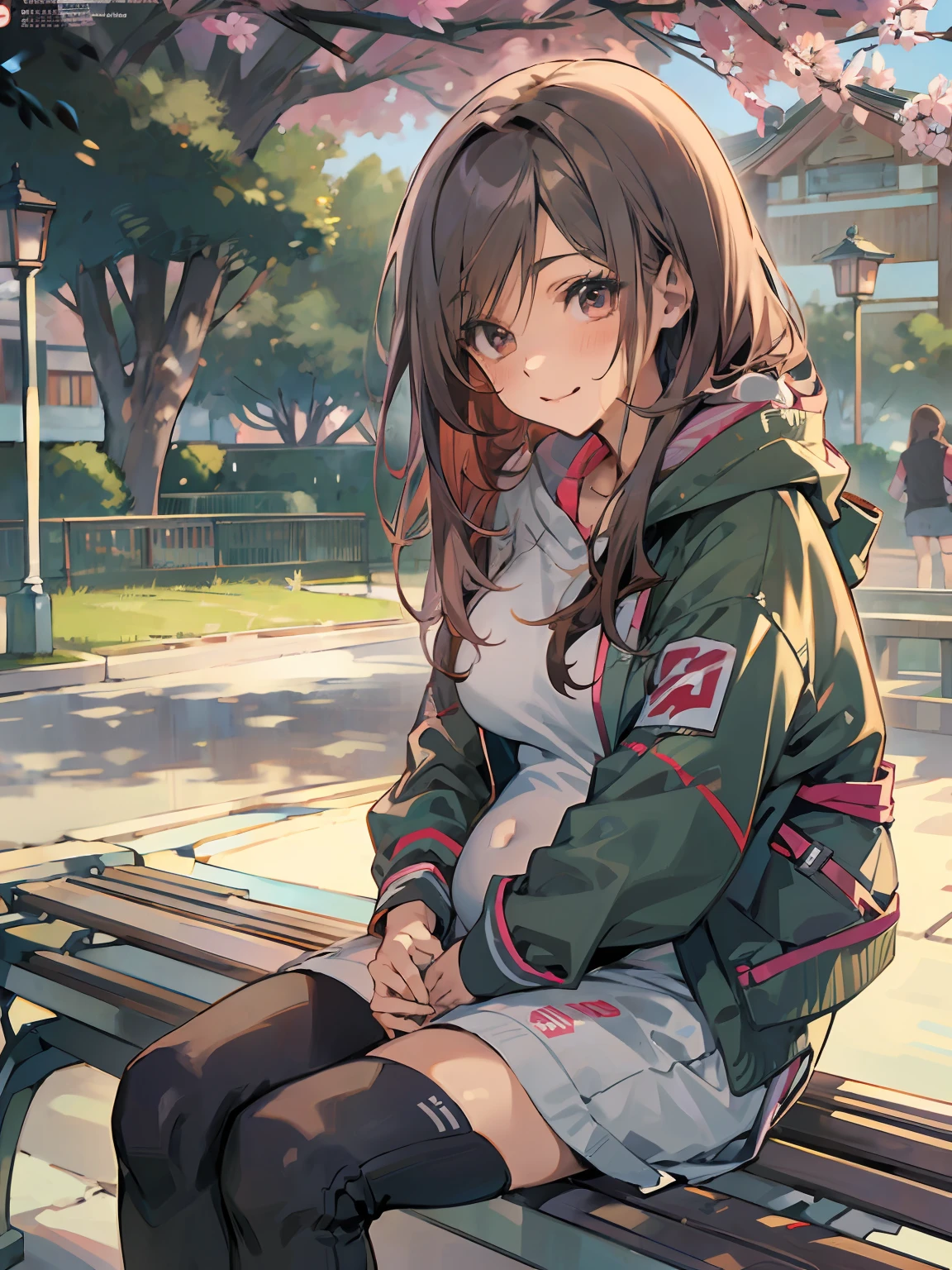 Pixiv style, A high resolution, Hyper-realistic, Anime style, 4K, A woman who is. Japanese high school student sitting on a park bench. High school sportswear. sweatshirts. Shoot sideways from diagonally. The woman looked up at me，Smile with your mouth closed. The woman's face is written accurately. medium hair length. Slightly larger breasts. Model type woman. Extremely precisely drawn female eyes. Beautiful female face. Two legs. Two arms. Five fingers to write，extremely precise, Peaceful Japanese park，rich greenery.Pregnant belly，Pregnant women with，a navel