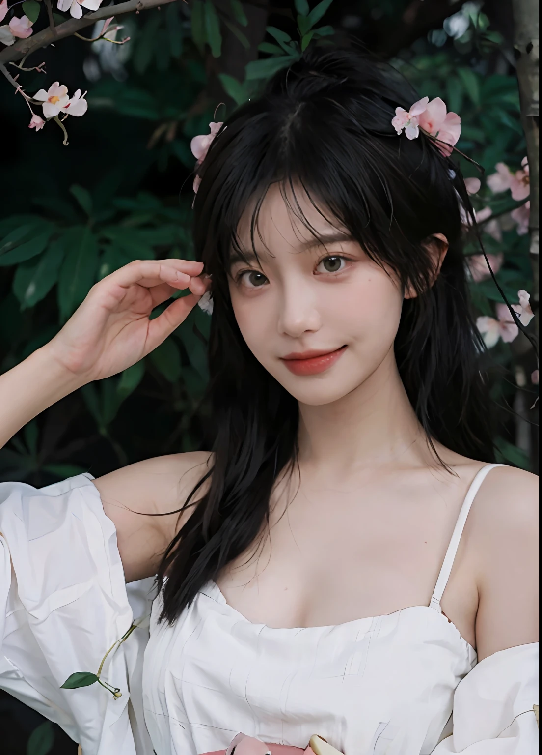 best qualtiy， 超高分辨率， （realisticlying：1.4）， one-girl， A pair of clear and moving peach blossom eyes,Royal Sister，（full bodyesbian：1.2）Beautiful atmosphere，a beauty girl，Bandeau dress 1.1， ssmile，（brassier：1.2）（huge tit：1.2）， looking at viewert， closeup cleavage ，Peach Blossom Forest，