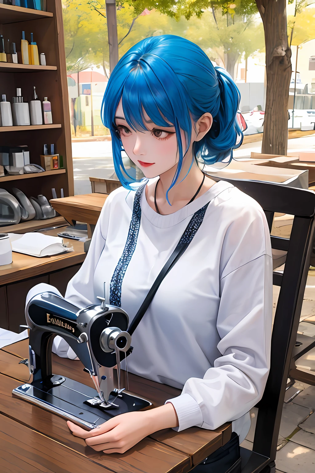 masterpiece, best quality, woman holding sewing machine, hair coloring, outdoors, upper body, vibrant colors,