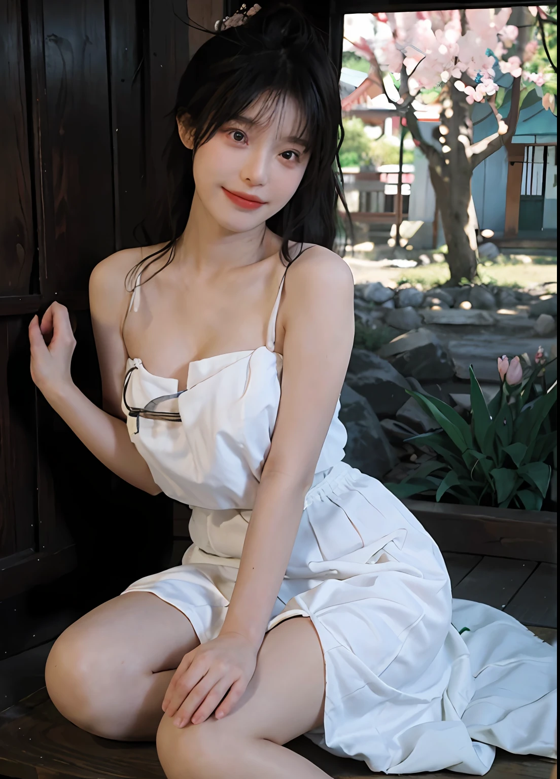 best qualtiy, 超高分辨率, (realisticlying:1.4), one-girl, A pair of clear and moving peach blossom eyes,Royal Sister,(full bodyesbian:1.2)Beautiful atmosphere,a beauty girl,Bandeau dress 1.1, ssmile,(brassier:1.2)(huge tit:1.2), looking at viewert, closeup cleavage ,Peach Blossom Forest,