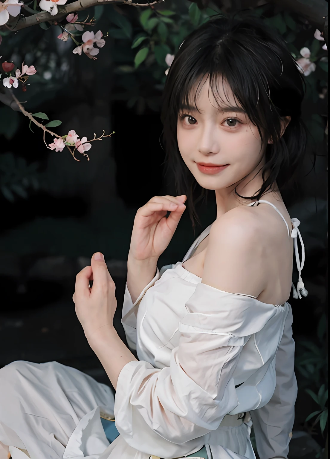 best qualtiy, 超高分辨率, (realisticlying:1.4), one-girl, A pair of clear and moving peach blossom eyes,Royal Sister,(full bodyesbian:1.2)Beautiful atmosphere,a beauty girl,Bandeau dress 1.1, ssmile,(brassier:1.2)(huge tit:1.2), looking at viewert, closeup cleavage ,Peach Blossom Forest,