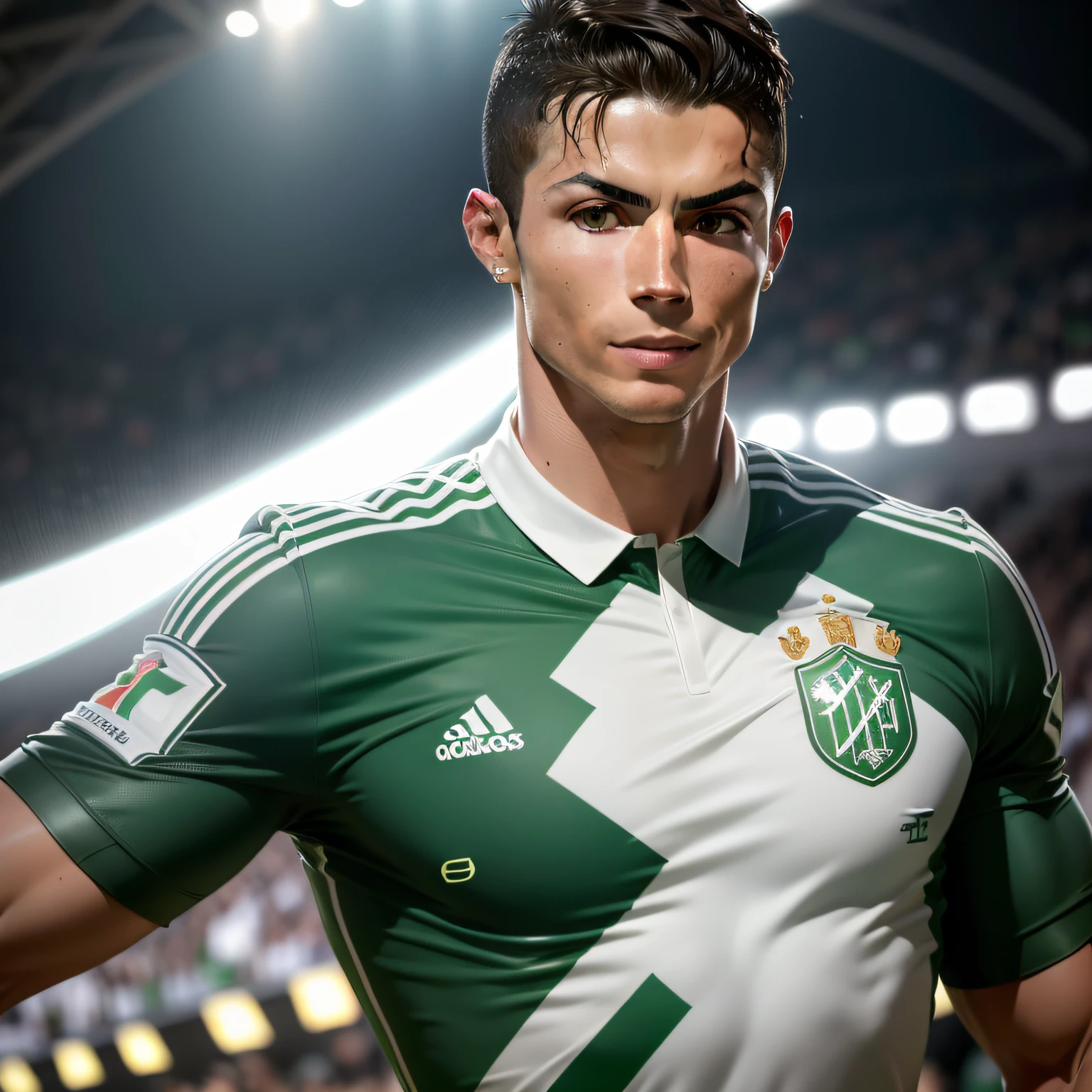 cristiano ronaldo, idade 17, melhor qualidade, corpo inteiro, uniforme do sporting verde e branco, cabelo preto, curto e ondulado, fisico magro, imagem realista