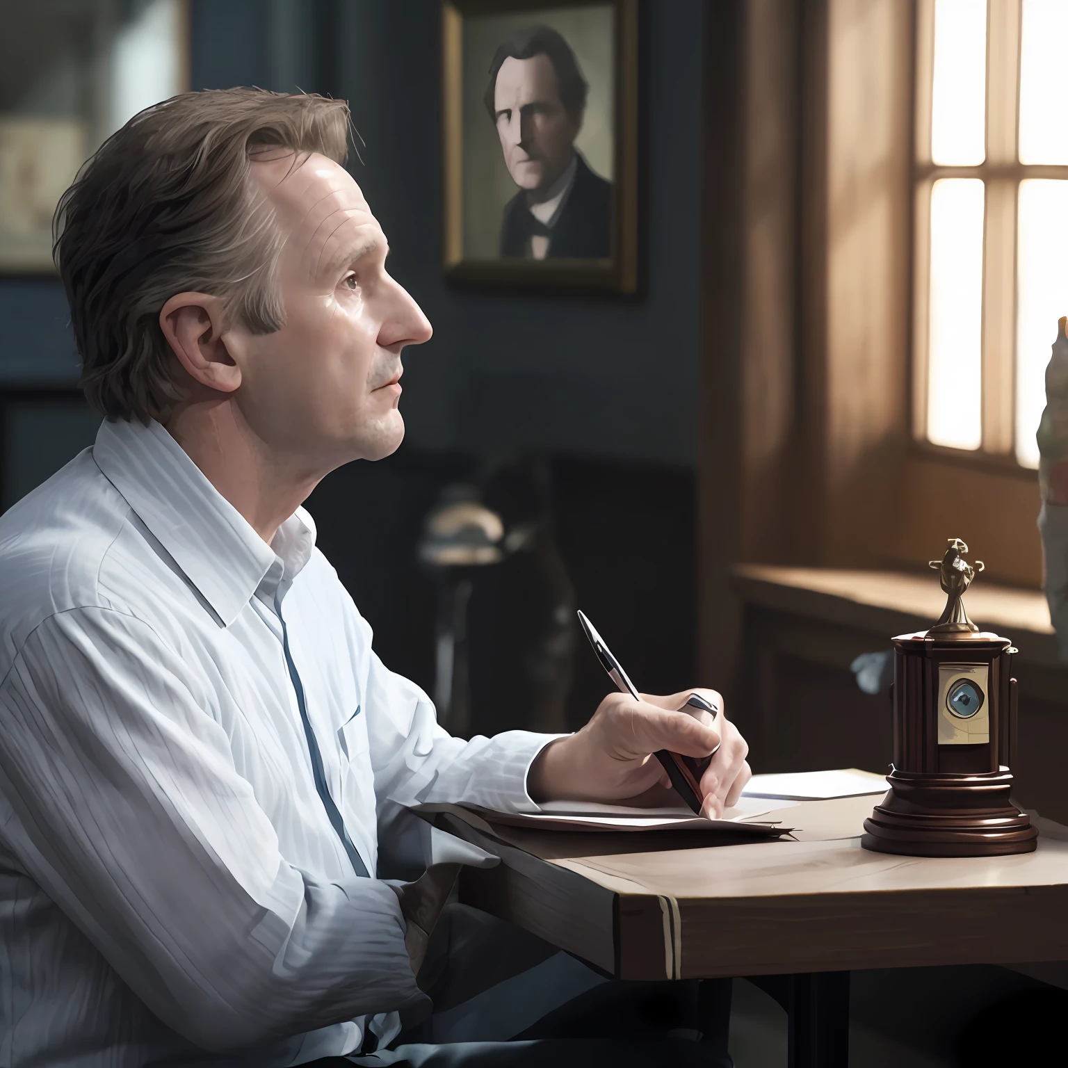 there is a man sitting at a table writing on a piece of paper, ainda de um filme, Directed by: René Auberjonois, ainda do filme, captura de tela de um filme, Ainda quadro de um filme, ainda de um filme live action, Directed by: Dietmar Damerau, inspirado em John Fulton Folinsbee, anomalisa, Directed by: Alexander Kucharsky