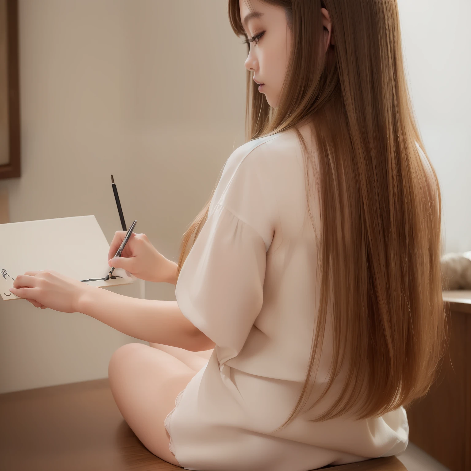 (RAW Photography、top-quality、masterpiece:1.2)、(realisitic、Photorealsitic:1.4)、(masterpiece:1.4)、(top-quality:1.4)、1girl in、独奏、Writing on clothes、japanes、Rear view、The upper part of the body、blondehair、Long、