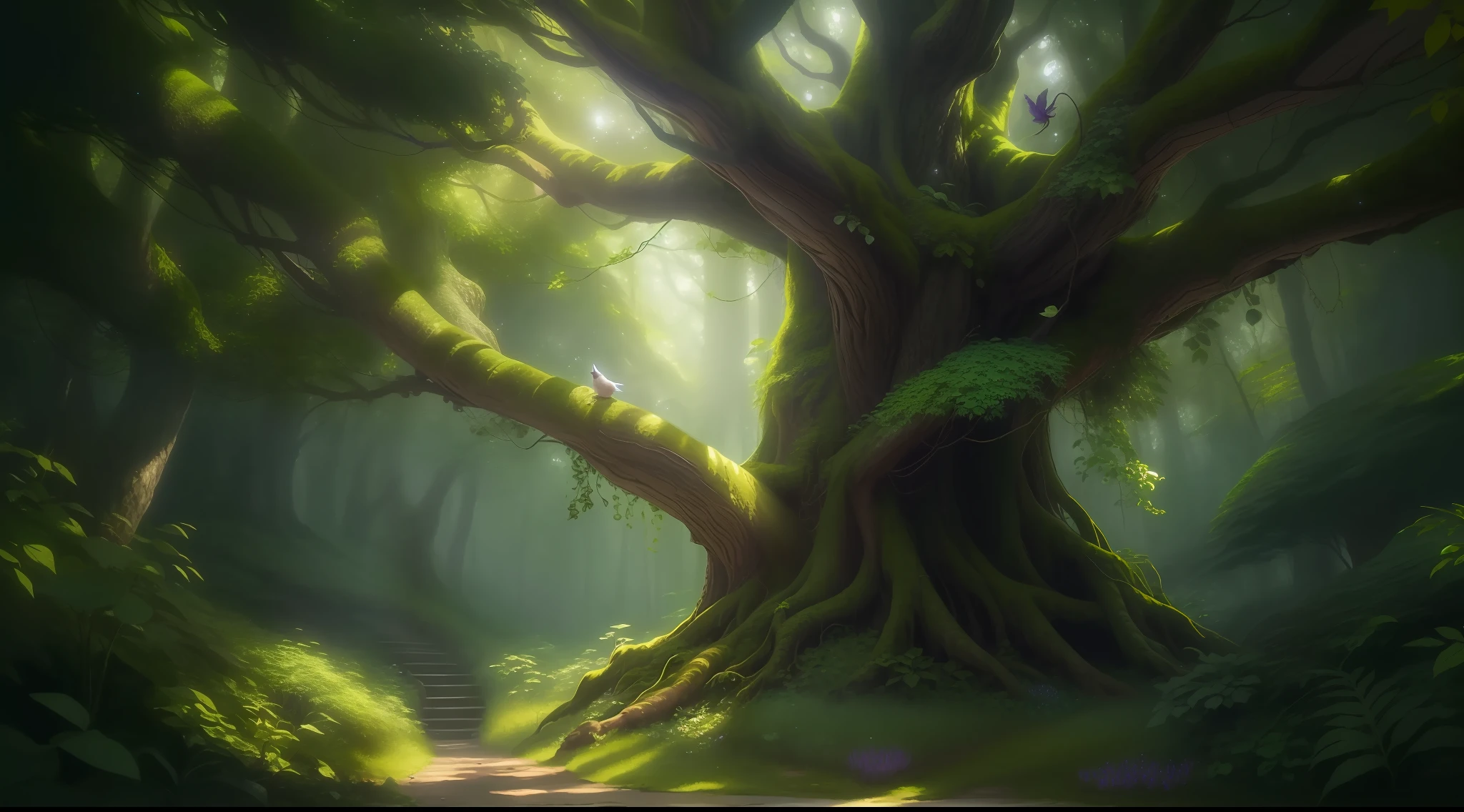 The forest where the fairies live、It's a dreamy fantasy world。Ancient tall tree decorated with sparkling vines々stretches towards the sky、The leaves glitter like jewels。Magic flowers in bright shades々Covering the forest floor、Illuminates the path while emitting a soft light。The tree々The sunlight shining in from between creates a pattern of sparkling light and shadow on the forest floor.。florals々The sweet aroma of fills the air、It creates a pleasant and enchanting atmosphere。Using Image Generation AI、Depicts the fascinating and mysterious beauty of the fairy forest、Capture the soul of that dreamy world。