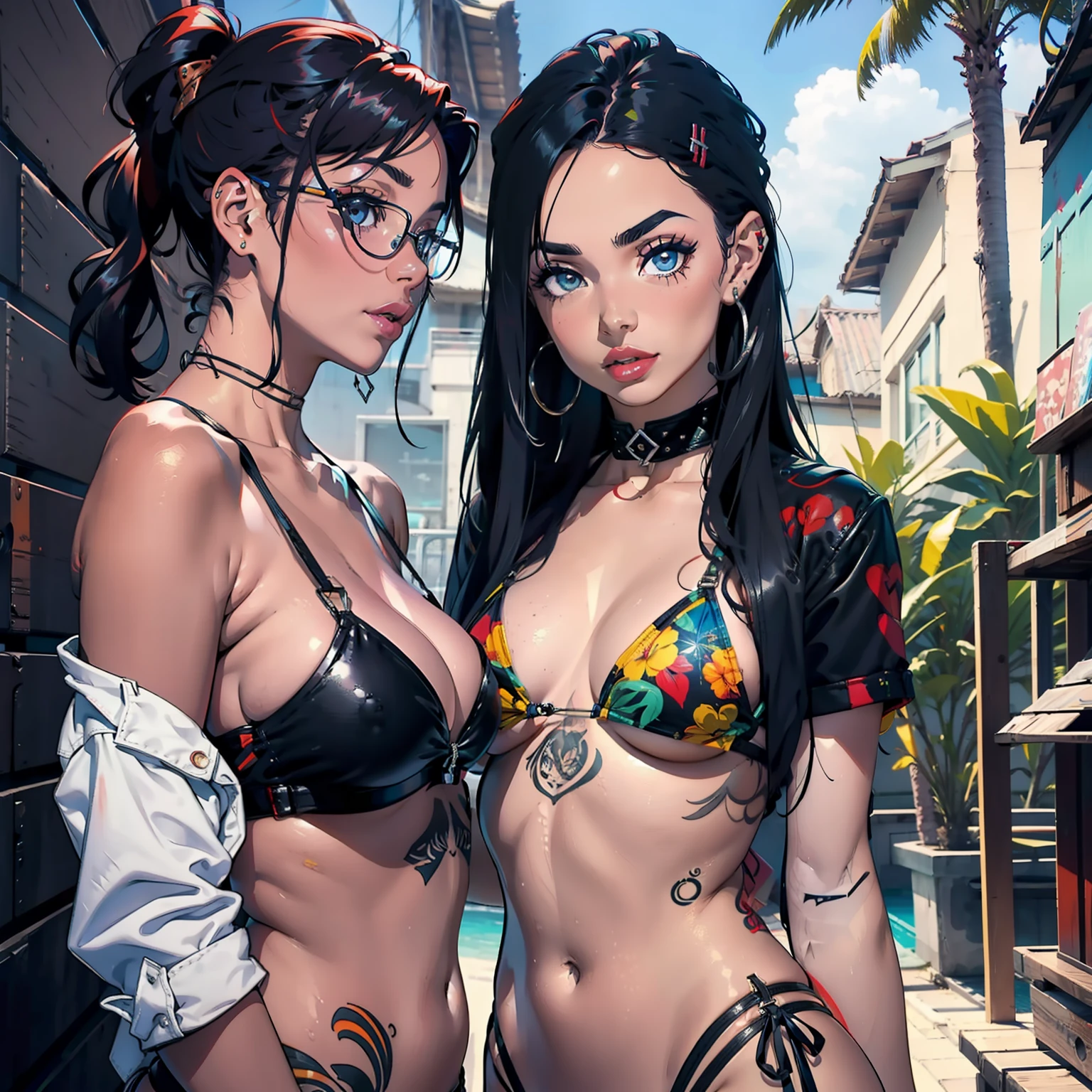 duas meninas punk, mulheres asiaticas, moicano, corpo tatuado, tatuadas. bikini de couro, jaqueta de couro preta, ao sol, tempo nublado, 4k,