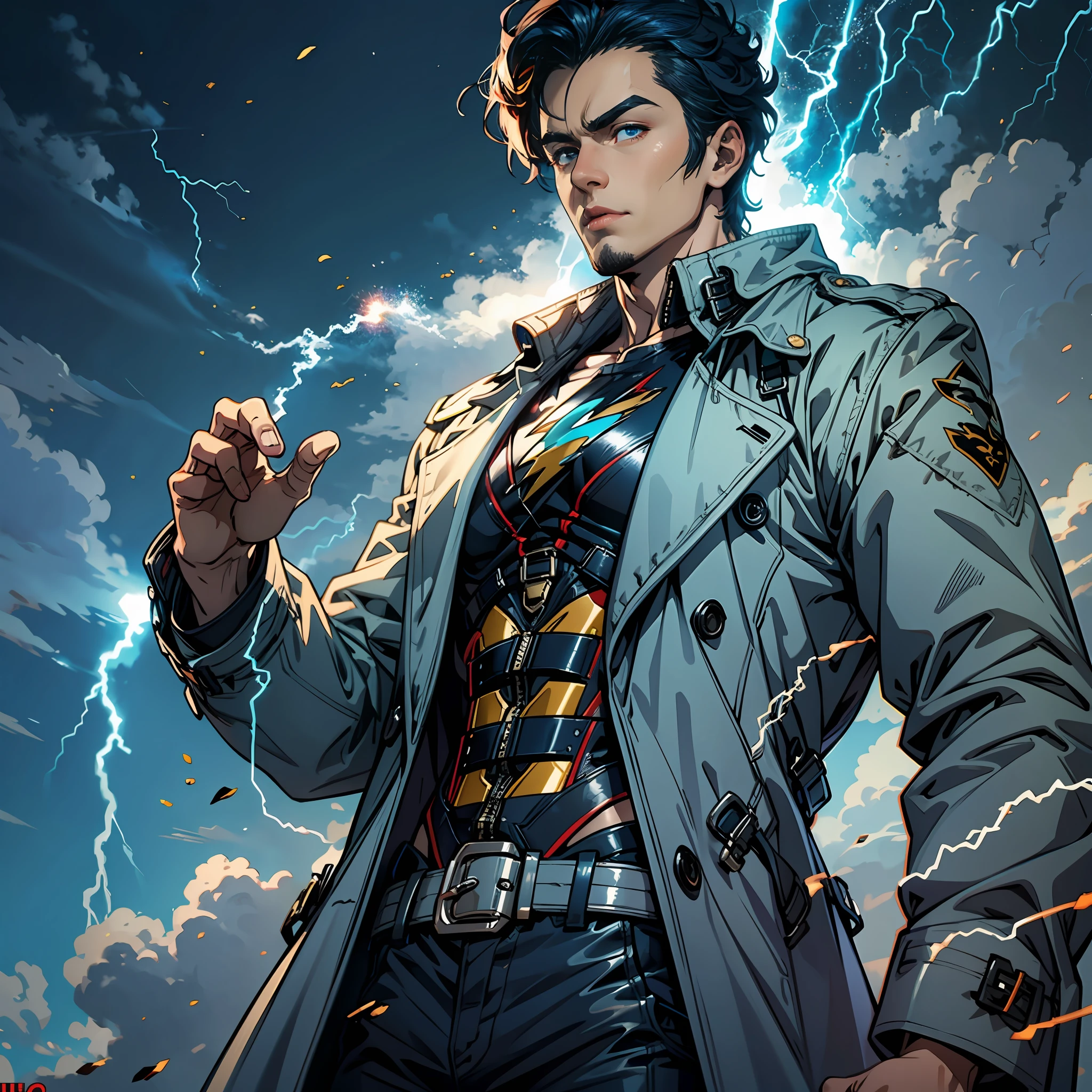 Blue trench coat, Handsome, Libido boy, cultivating immortals, Lightning surrounds, hyper HD, High details, Best quality, 8K