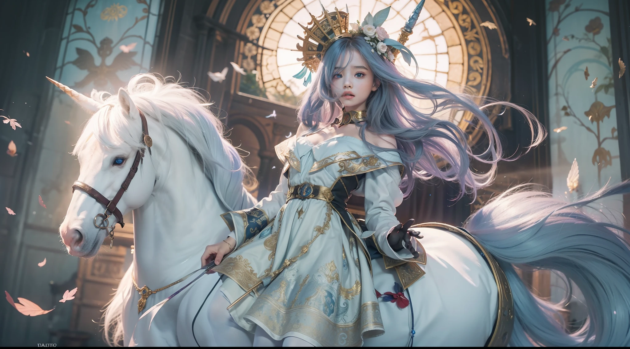 Magic Book,Blood,Night, Dark, (Fantasy),infinite,deep blue sky,The abyss of knowledge,Cowledge,((masutepiece)), (((Best Quality))),((Beautiful fine eyes)),(Eye lashes)、Very beautiful face、Beautiful girl riding white unicorn、(女の子1人)、Black hair、The long-haired、abyss eyes、glowy skin、oils、small tits、Perfect human body structure、Wizard robes、tattered cloth、Realistic coat、Teenchi、Super delicate CG Unity 32k wallpaper、​masterpiece, ((ultra-detailliert)), ((illustratio)),colourfull,wall-paper,The energy,Unknown terror,Incomprehensible,Around the magic,Magical surroundings,magic wands,Boken,Flying pages,Know everything,Predict the future、Get to know the past、Infinite wisdom、blue flames、Warlock、magic circles、Pentagram、Spells、mantra、Singing magic