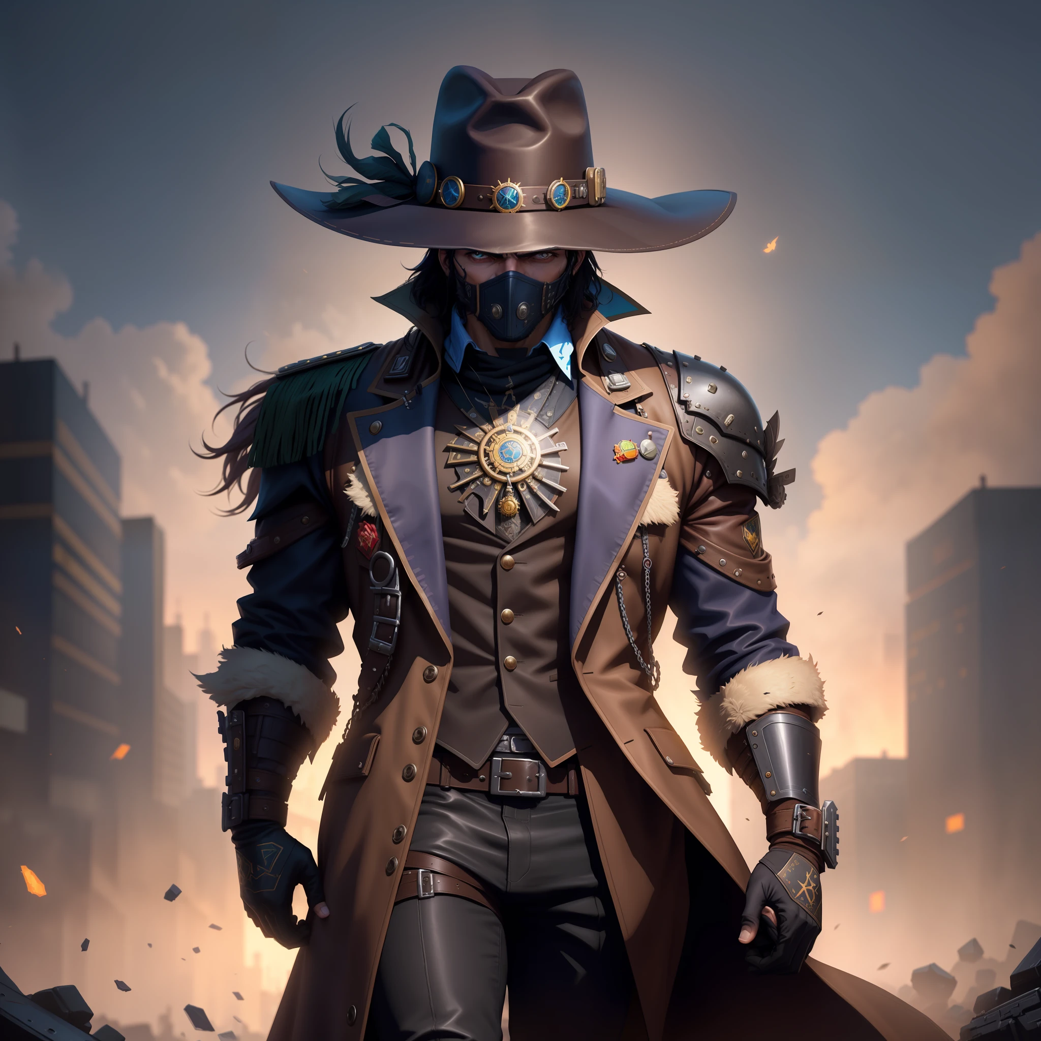 There's a man in a hat and coat walking around Mexico City, Charro Negro, Mexican mythology, thertrevkaiser, amazing 8k character concept art, Jesse McCree, Tendencia en ArtStation, steampunk superhero, Obra maestra de ArtStation, pistolero, gungrave, Powerful male scarecrow, Arte de salpicaduras de personajes, Cyberpunk Salvaje Oeste, El pistolero, Splash Art oficial