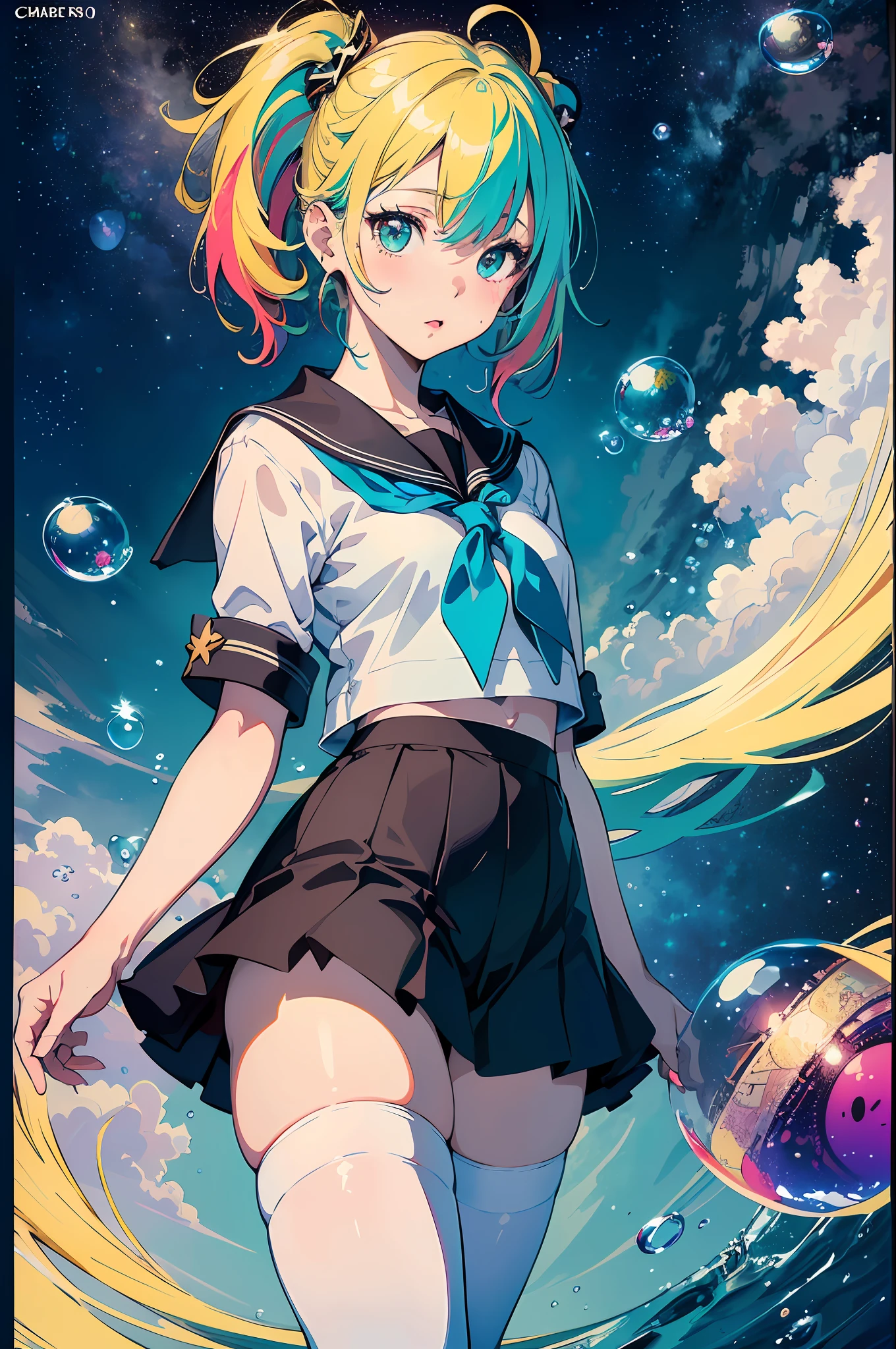 (masterpiece), (best quality), (official art, extremely detailed CG unity 8k wallpaper), (highly detailed), ((absurdres)), 1girl, mid shot, (exquisite facial features),(serafuku:1.3) ((sfw)),((clear hands)), ((white thighhighs without shoes)),aqua eyes, color contact lenses, stars in the eyes, (((colorful bubble))), colourful glass, (album cover)