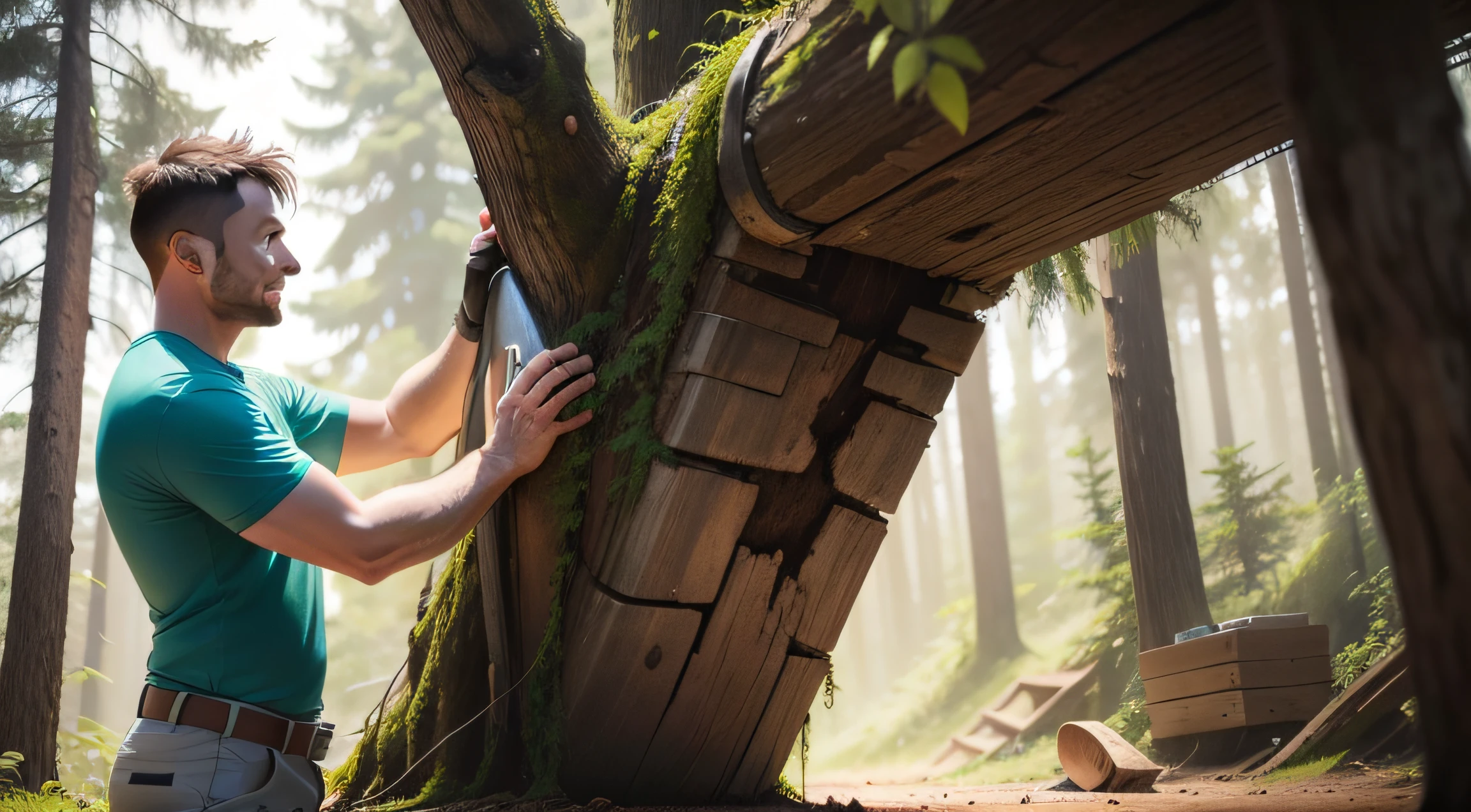 a 30-year-old man cutting a tree trunk