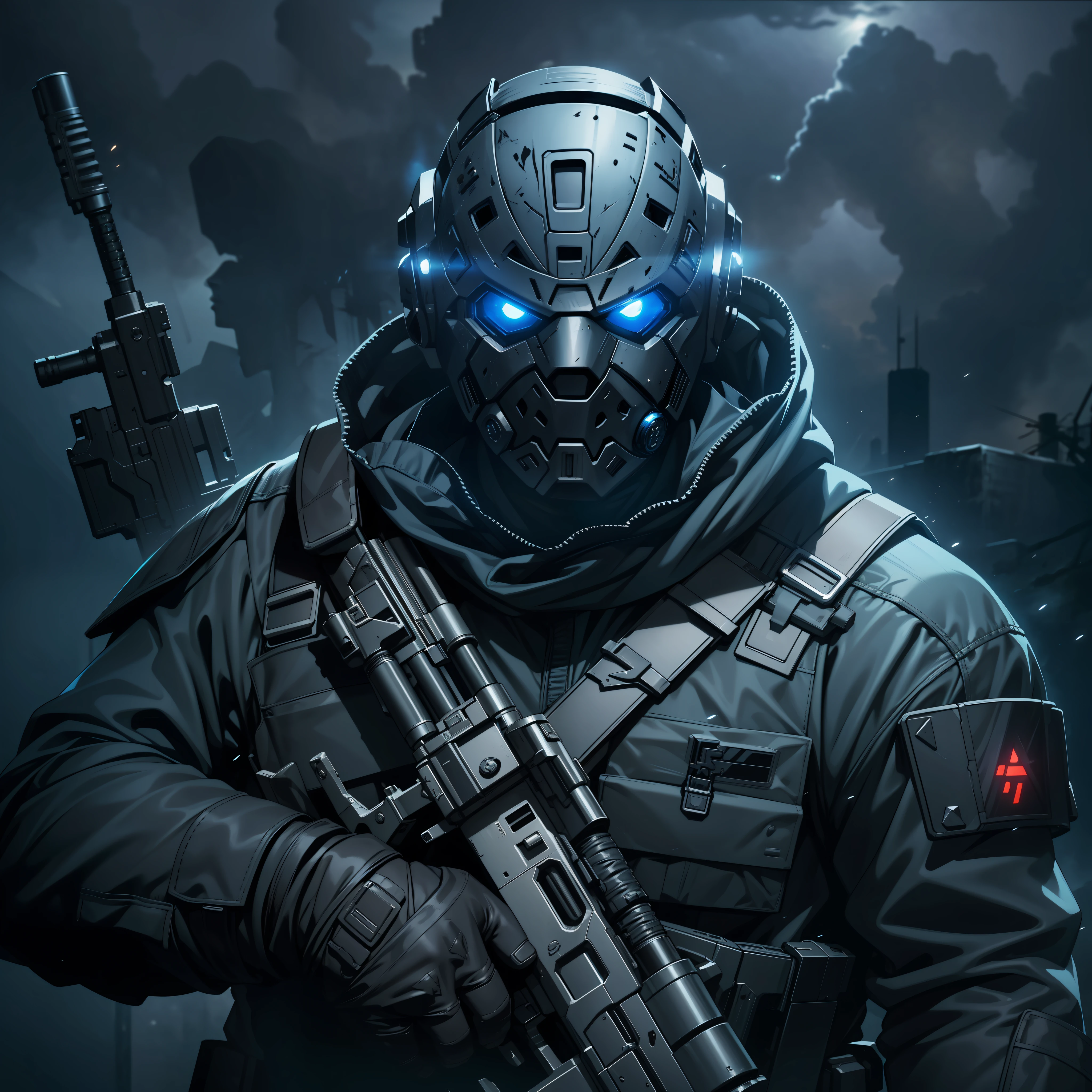 A dark soldier wearing a jason voorhees mask, glowing light eyes, holding an advanced battle rifle, with mesmerizing details, black and blue, darktones, front view, lightening, stormy sky, epic composition, cinematic, studio lighting, volumetric lighting, epic composition, appeal, masterpiece, movie poster, comic style