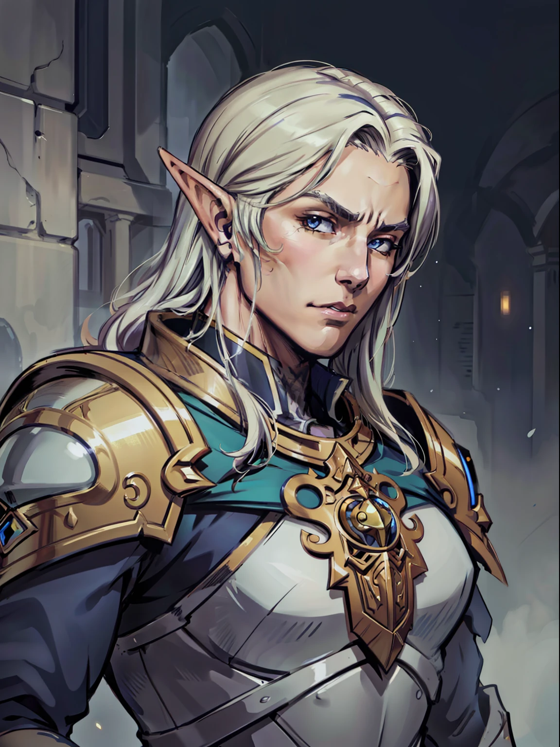 anime drawing, paladin male elf, expression serious, upper body intensity, masterpiece, best quality, ultra-detailed, cinematic beautiful lighting, intricate details, looking at viewer, depth of field-ar 2:3-s 200