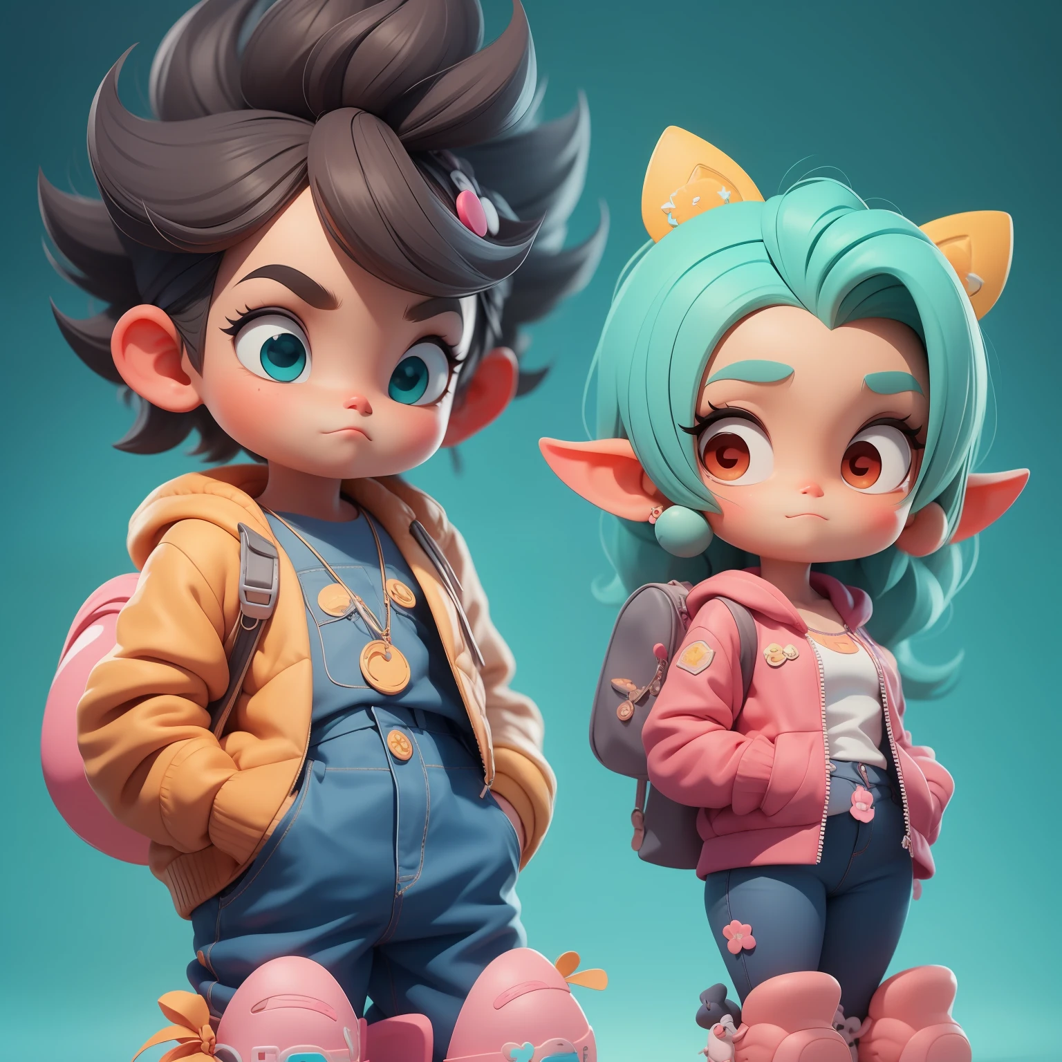 Um ****** e uma ****** super bonitos, corpo inteiro, fantastic cute hair accessories Popmart blind box, design IP, Bright background clean 3D rendering, OC rendering, 8k, foco suave, brilho fino super detalhe --ar 3:6 50 --q 2 --niji 5 --expressividade estilo --s 2