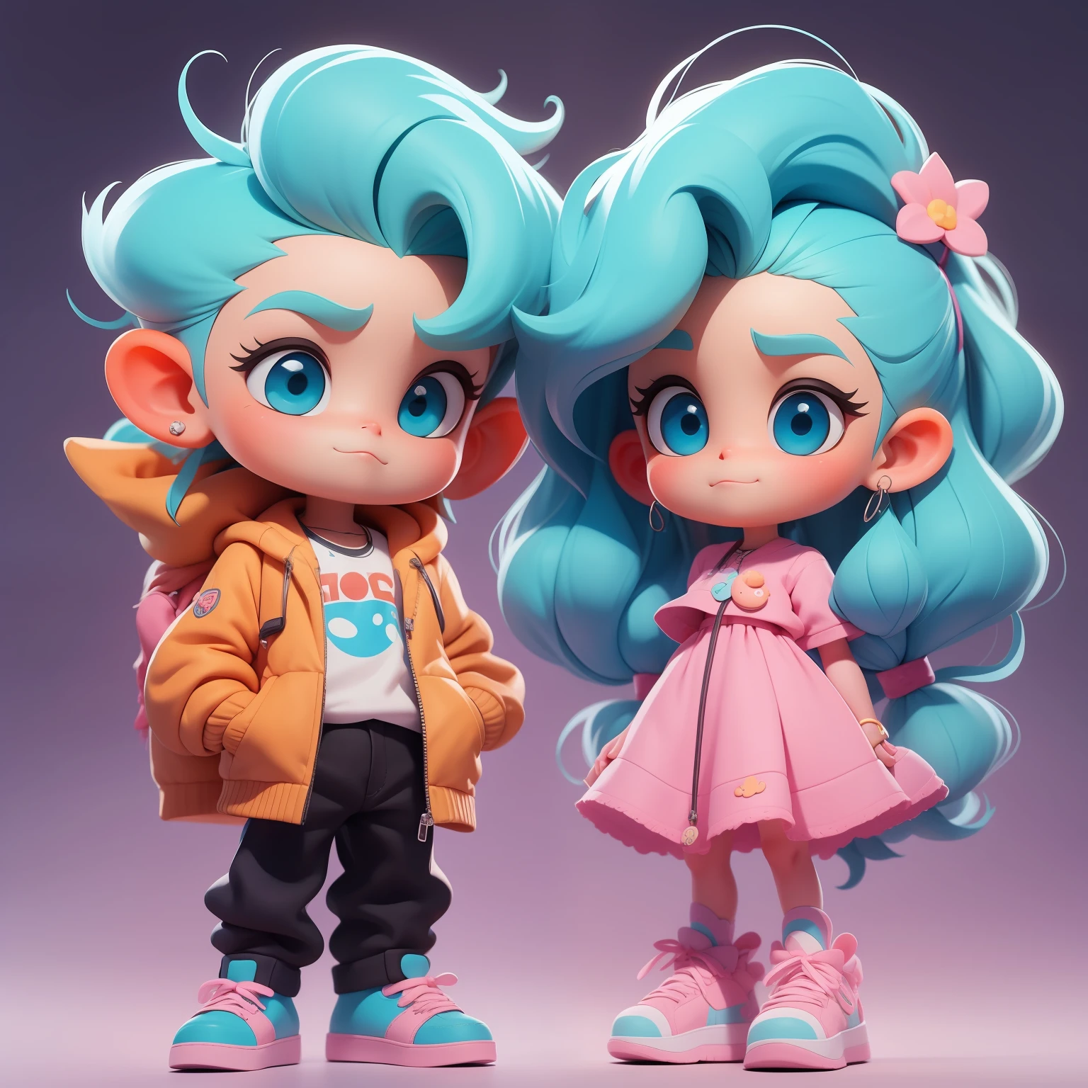 Um menino e uma menina super bonitos, corpo inteiro, fantastic cute hair accessories Popmart blind box, design IP, Bright background clean 3D rendering, OC rendering, 8k, foco suave, brilho fino super detalhe --ar 3:6 50 --q 2 --niji 5 --expressividade estilo --s 2