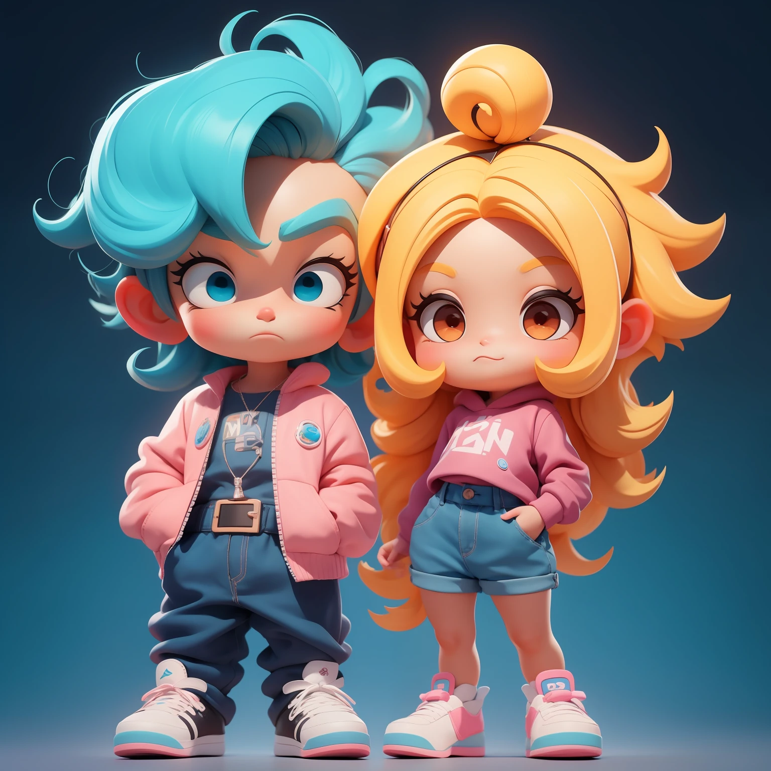 Um menino e uma menina super bonitos, corpo inteiro, fantastic cute hair accessories Popmart blind box, design IP, Bright background clean 3D rendering, OC rendering, 8k, foco suave, brilho fino super detalhe --ar 3:6 50 --q 2 --niji 5 --expressividade estilo --s 2