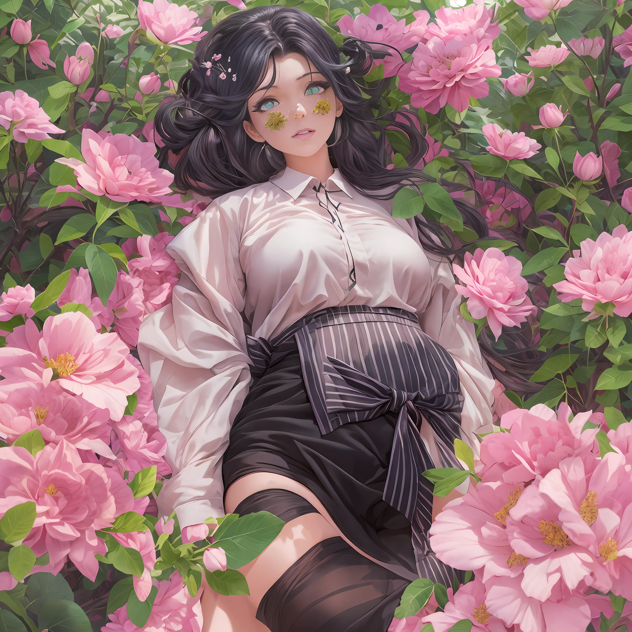 realistic photograph, Mitsuri Kanroji kimetsu no yaiba, (mejor calidad), (obra maestra), 4k, realismo, chica hermosa cabello rosado con degradado verde, ojos grandes de color verde lima, piel clara, Slim build, Curvaceous and voluptuous figure, two moles under her cheekbones, camisa blanca, black sack lightly dyed pink, falda corta negra con un ligero color rosa en las partes inferiores, correa de cuero blanca, Espada Nichirin, (hiperrealismo), fondo campo de flores, colores primaverales.