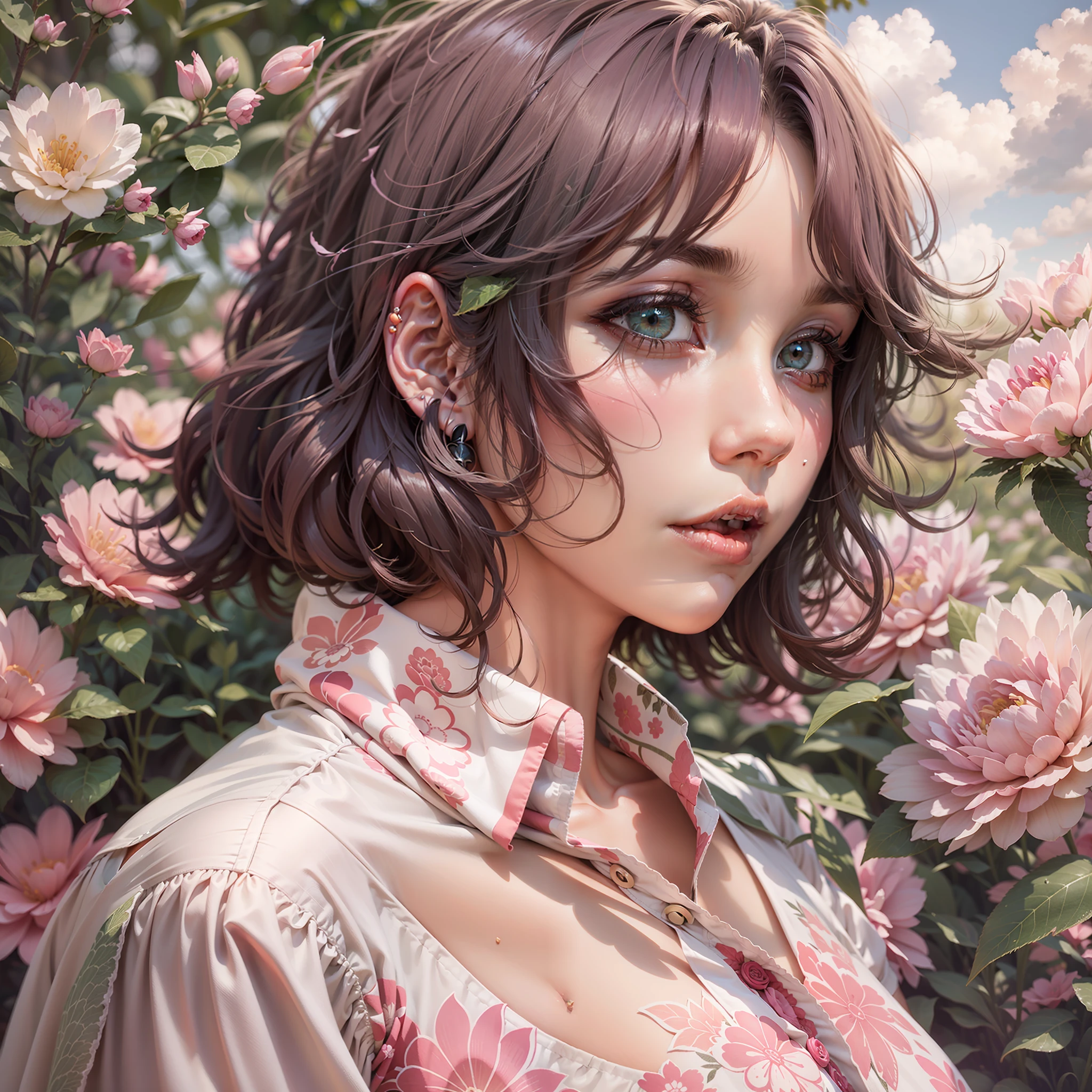 realistic photograph, Mitsuri Kanroji kimetsu no yaiba, (Mejor calidad), (Obra maestra), 4k, Realismo, chica hermosa cabello rosado con degradado verde, ojos grandes de color verde lima, piel clara, slim build, Curvaceous and voluptuous figure, two moles under her cheekbones, camisa blanca, black sack lightly dyed pink, falda corta negra con un ligero color rosa en las partes inferiores, correa de cuero blanca, Espada Nichirin, (hiperrealismo), fondo campo de flores, colores primaverales.