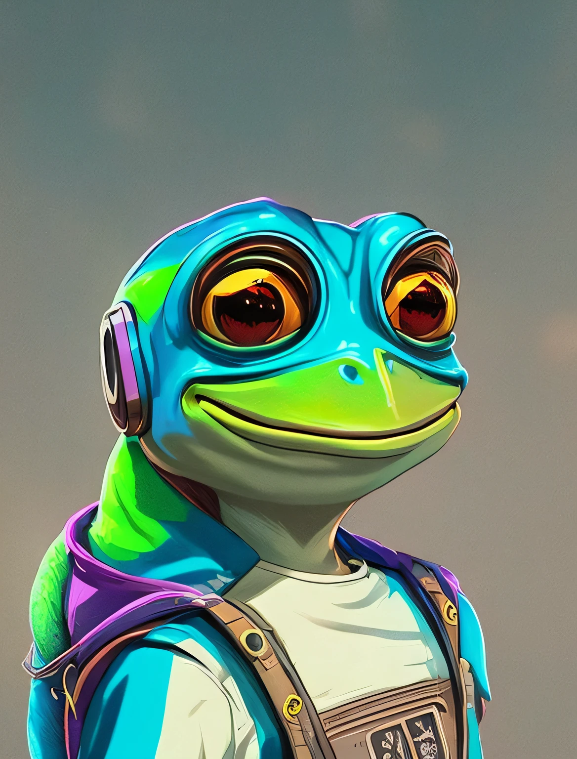 cartoon frog with a bird on his shoulder, cyberpunk frog, sci-fi lizard alien, portrait of pepe the frog, friendly guy and small creature, lizardfolk, nostalgia guy and small creature, 2 d illustration, 2D illustration, reptilian space alien, psychedelic frog, low details. Digital painting, alien frog, ancient neon monster portrait, 2d digital illustration