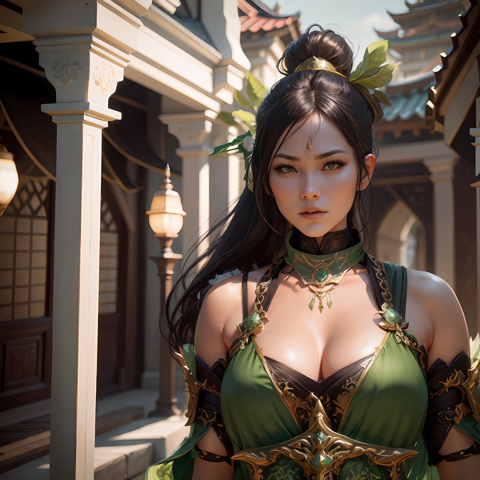arafed woman in a green dress with a sword and a sword, ornate korean polearm behind her, unreal engine render + a goddess, korean mmo, inspired by Lam Qua, fierce expression 4k, female character, elven character with smirk, warrior outfit, inspired by Li Mei-shu, 4 k detail fantasy, 8 k character details