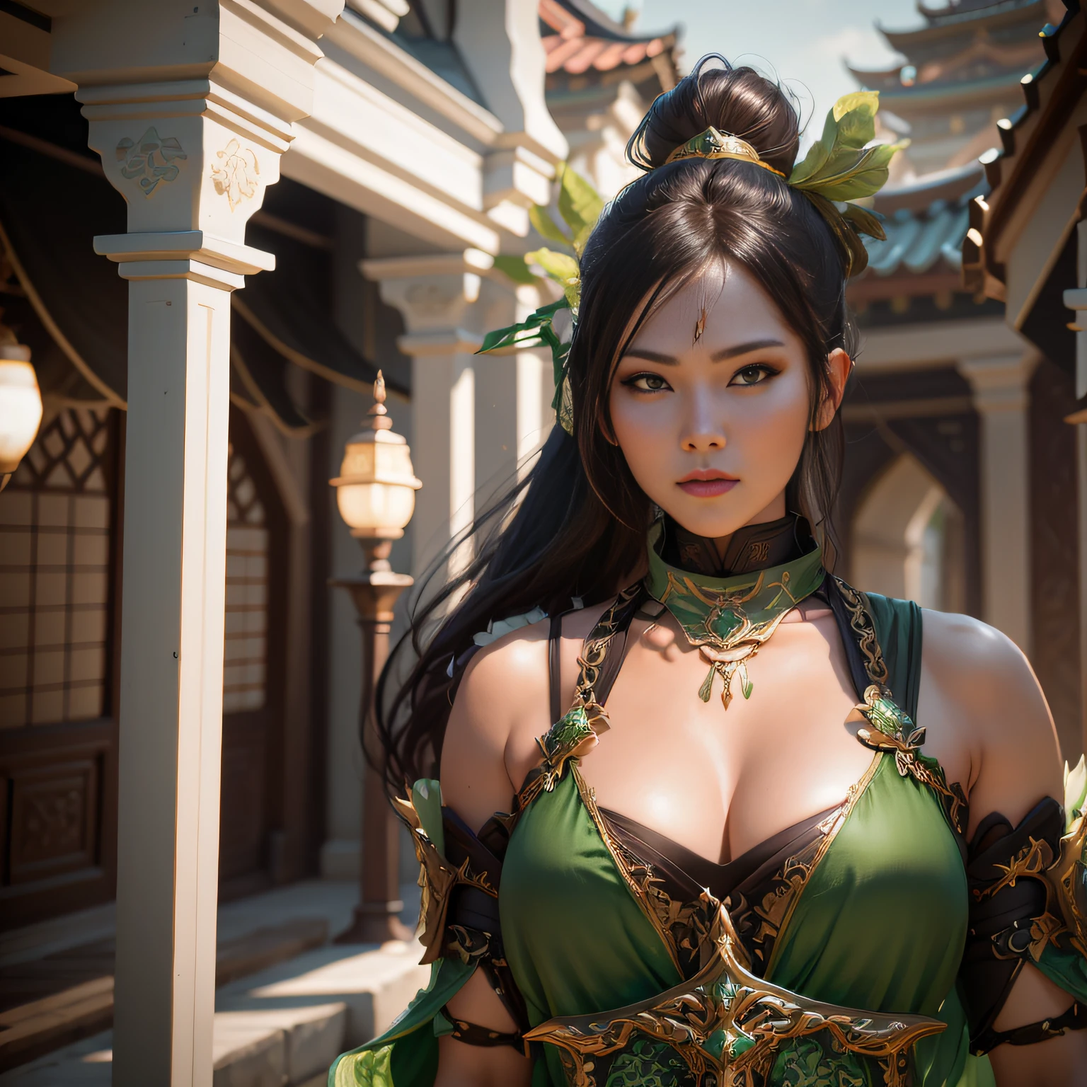 arafed woman in a green dress with a sword and a sword, ornate korean polearm behind her, unreal engine render + a goddess, korean mmo, inspired by Lam Qua, fierce expression 4k, female character, elven character with smirk, warrior outfit, inspired by Li Mei-shu, 4 k detail fantasy, 8 k character details