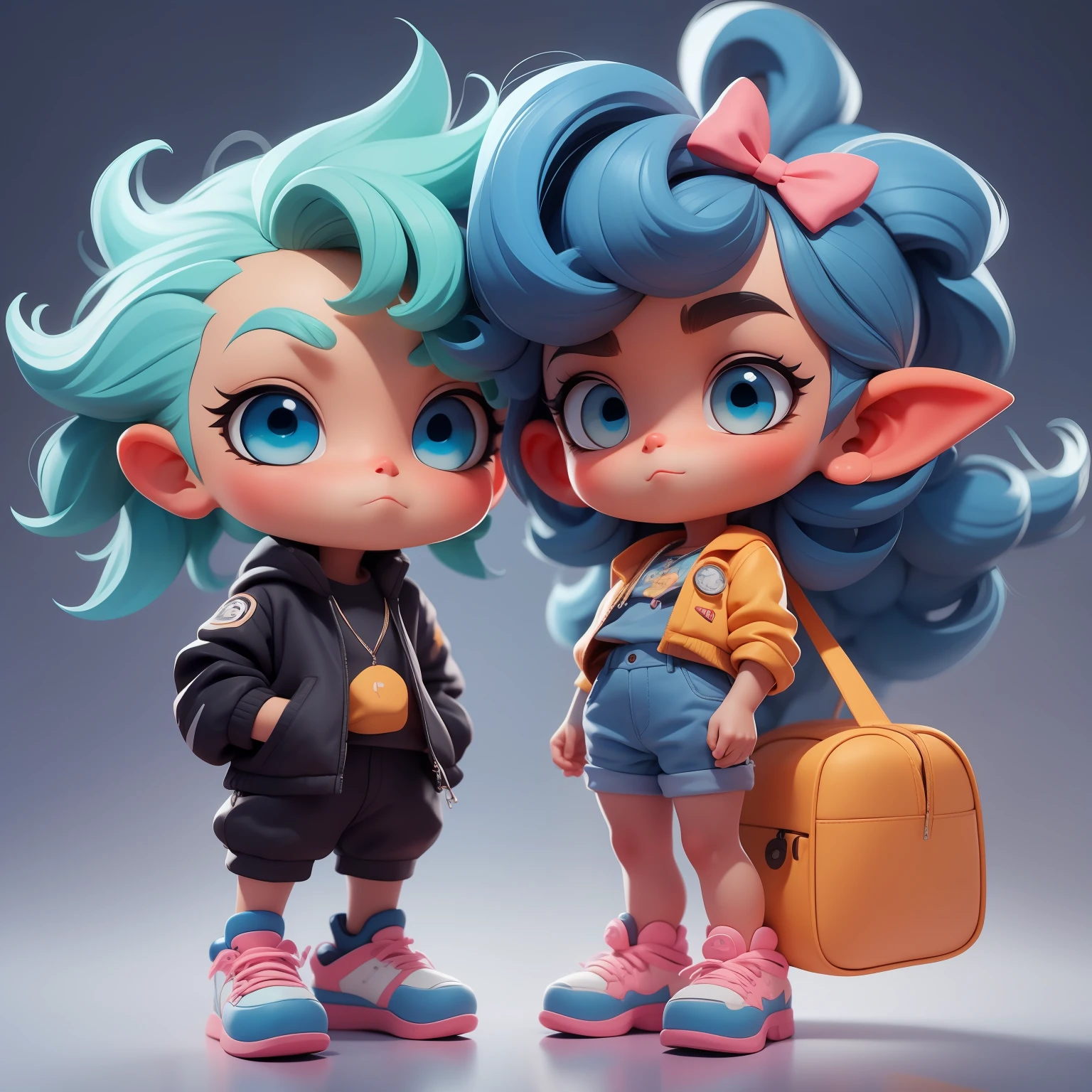 Um  e uma menina bonitos, corpo inteiro, fantastic cute hair accessories Popmart blind box, IP de design, Bright background clean 3D rendering, OC rendering, 8k, Foco suave, brilho fino super detalhe --ar 3:6 50 --q 2 --niji 5 --expressividade estilo --s 2