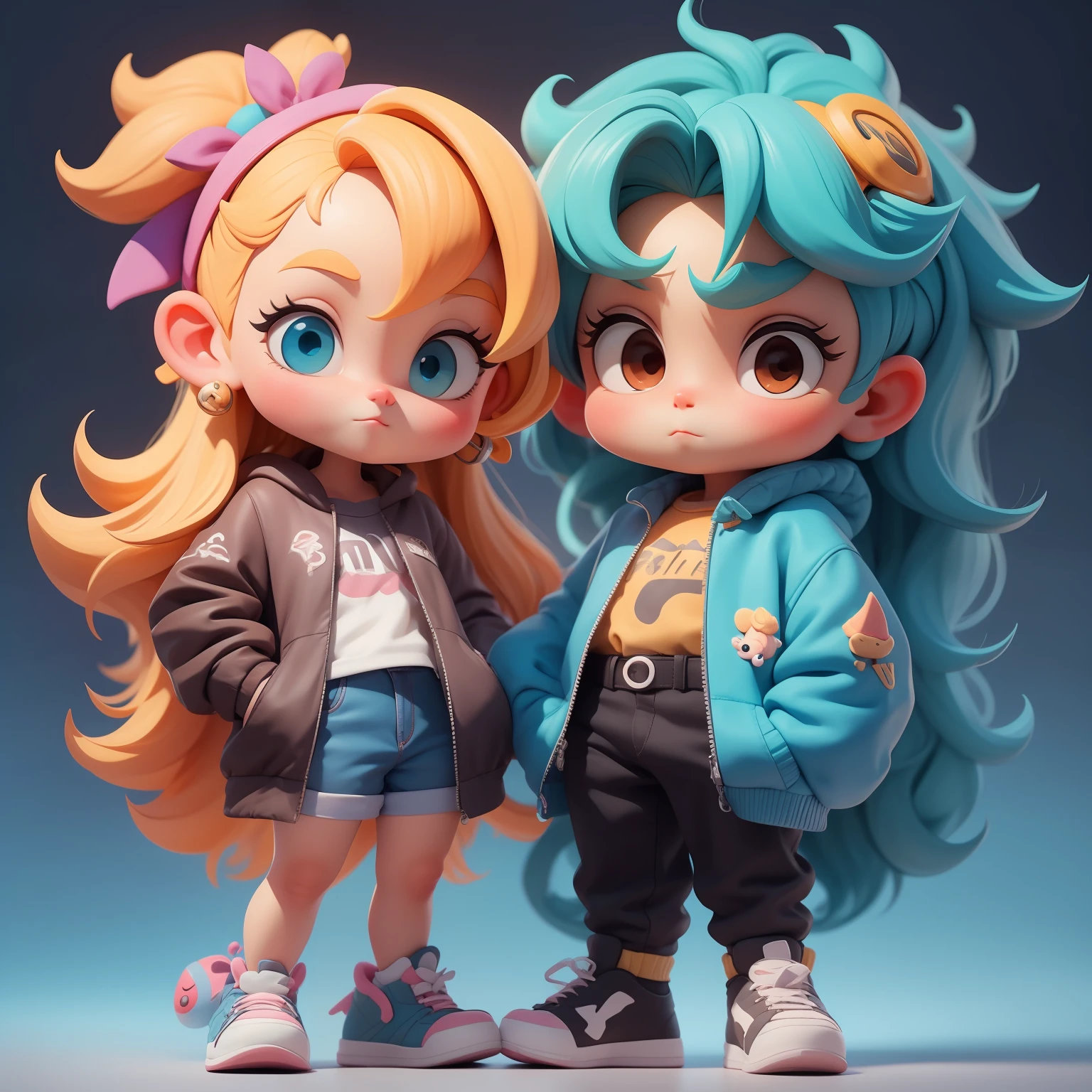 Um menino e uma menina super bonitos, corpo inteiro, fantastic cute hair accessories Popmart blind box, IP de design, Bright background clean 3D rendering, OC rendering, 8k, Foco suave, brilho fino super detalhe --ar 3:6 50 --q 2 --niji 5 --expressividade estilo --s 2