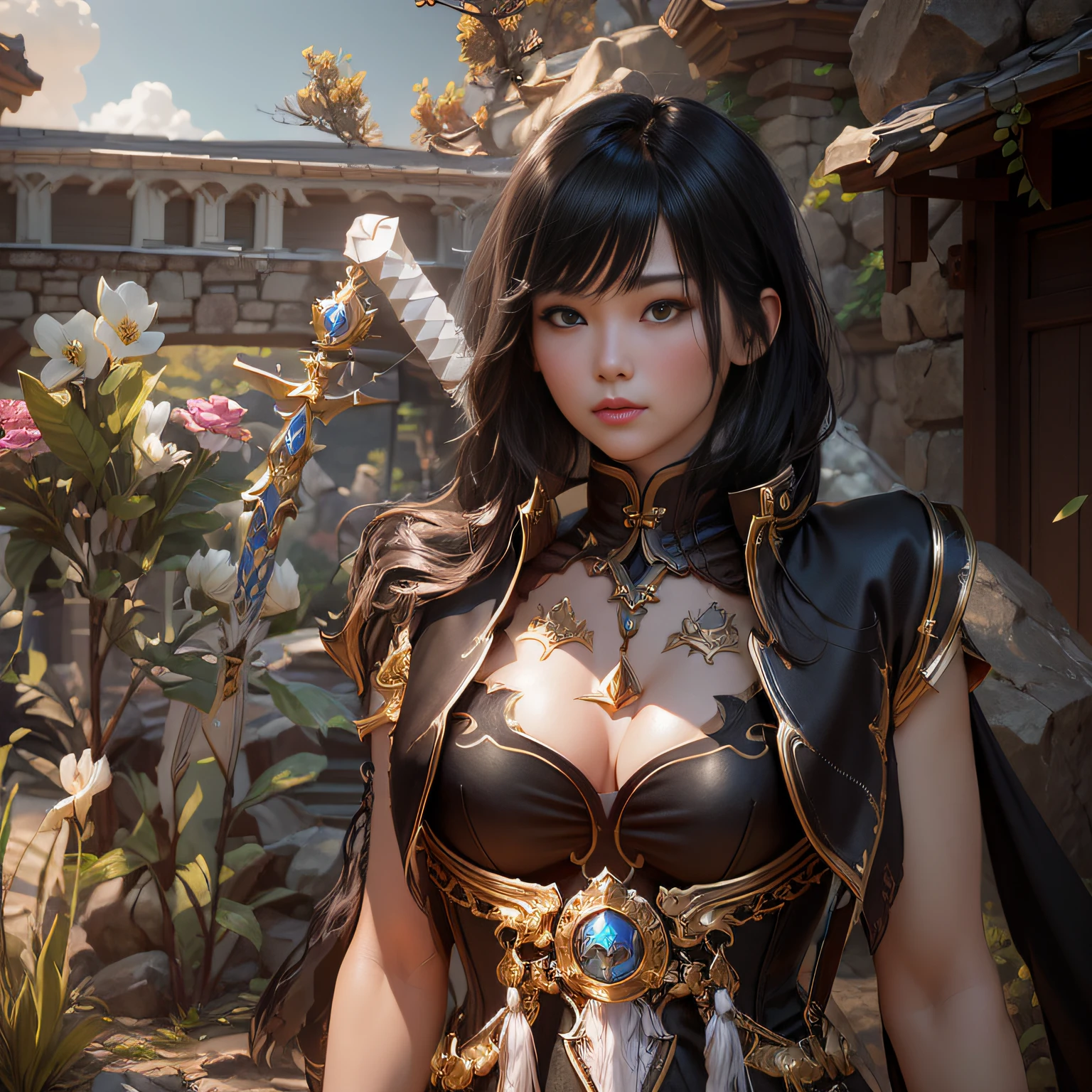 there is a woman in a corset posing in front of a rock, ornate korean polearm behind her, pretty female cleric, inspired by Li Mei-shu, <mmorpgs scene, korean mmo, korean mmorpg, intricate white and gold armor, katana zero video game character, black - haired mage, final fantasy 14 style, wearing shiny breastplate